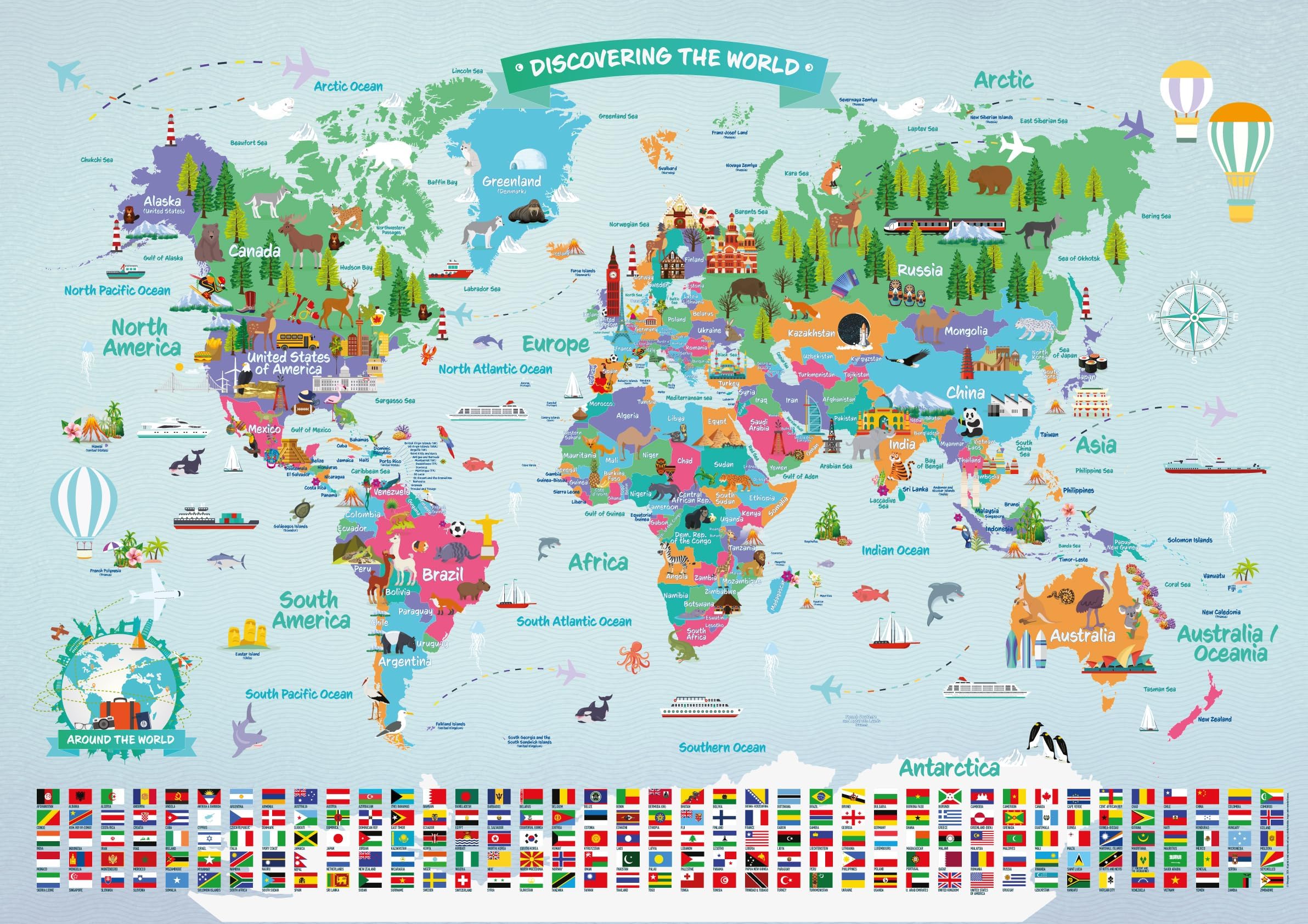 World Map Poster for Kids | Large Educational World Map | Illustrated Wall Map Poster with Countries and Flags | Children Room Poster Decor