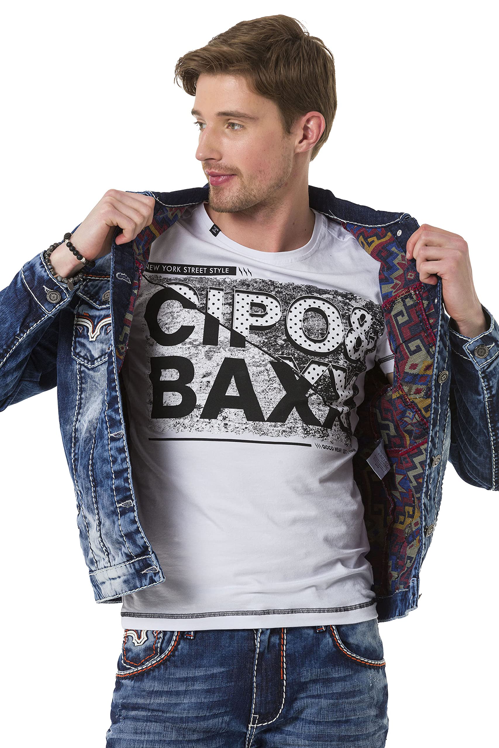 Cipo & Baxx Herren Jeansjacke Series – Klassische Denim, Leder, Sport Verschiedene Jackenmodelle – Knopf und Reißverschluss – Sweat-Kapuze und Sweatärmeln – mit Modernen Komfort-Details