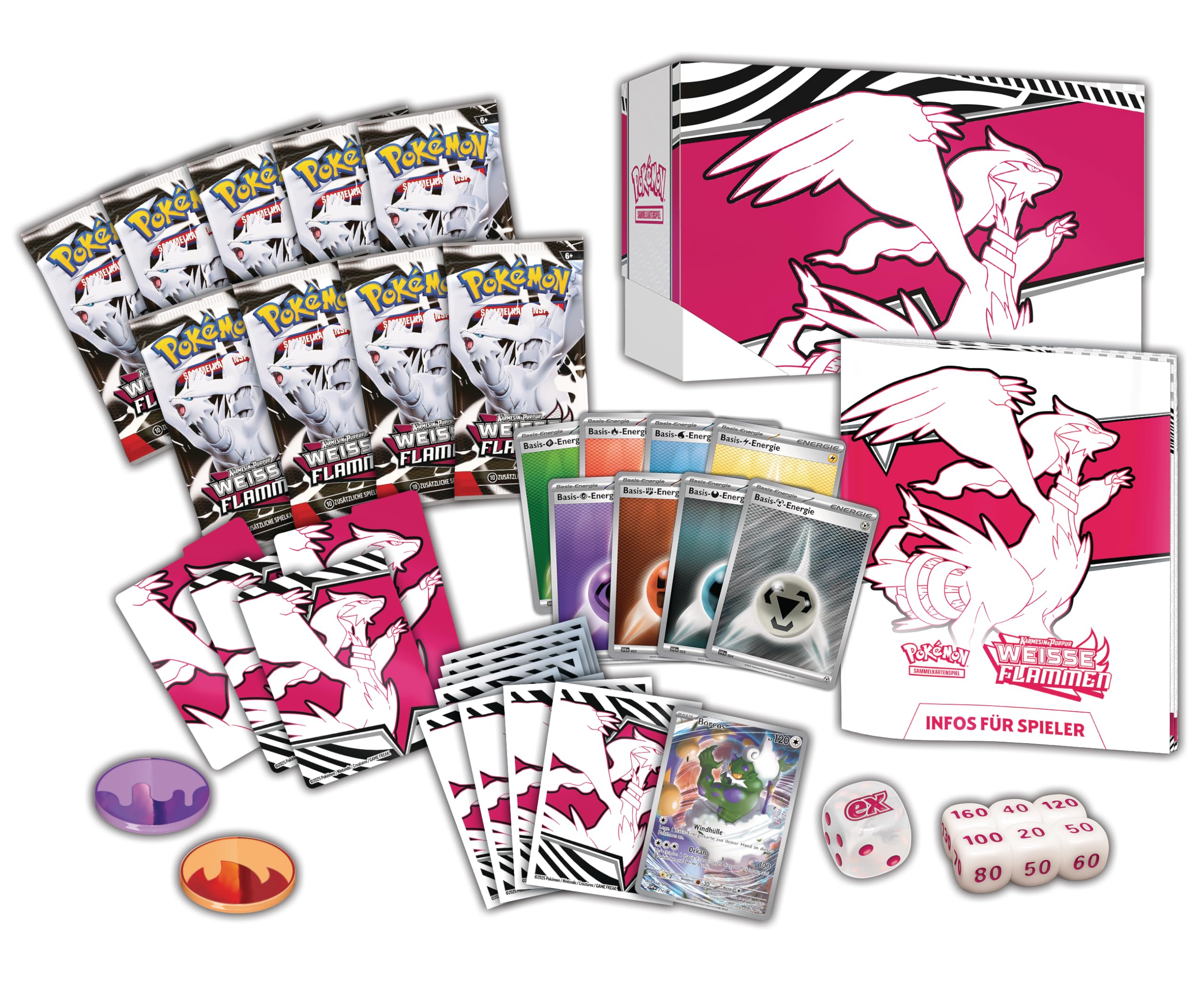 Pokémon-Sammelkartenspiel: Top-Trainer-Box Karmesin & Purpur – Weiße Flammen: Reshiram (1 Vollbild-Promokarte mit Boreos, 9 Boosterpacks & Zubehör)