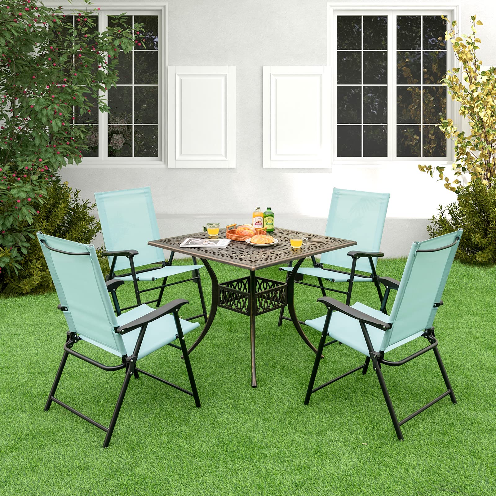GIANTEX Set di 2 sedie da giardino pieghevoli, con schienale alto e bracciolo, resistenti alle intemperie, in metallo e tessuto, portata fino a 150 kg (verde menta)