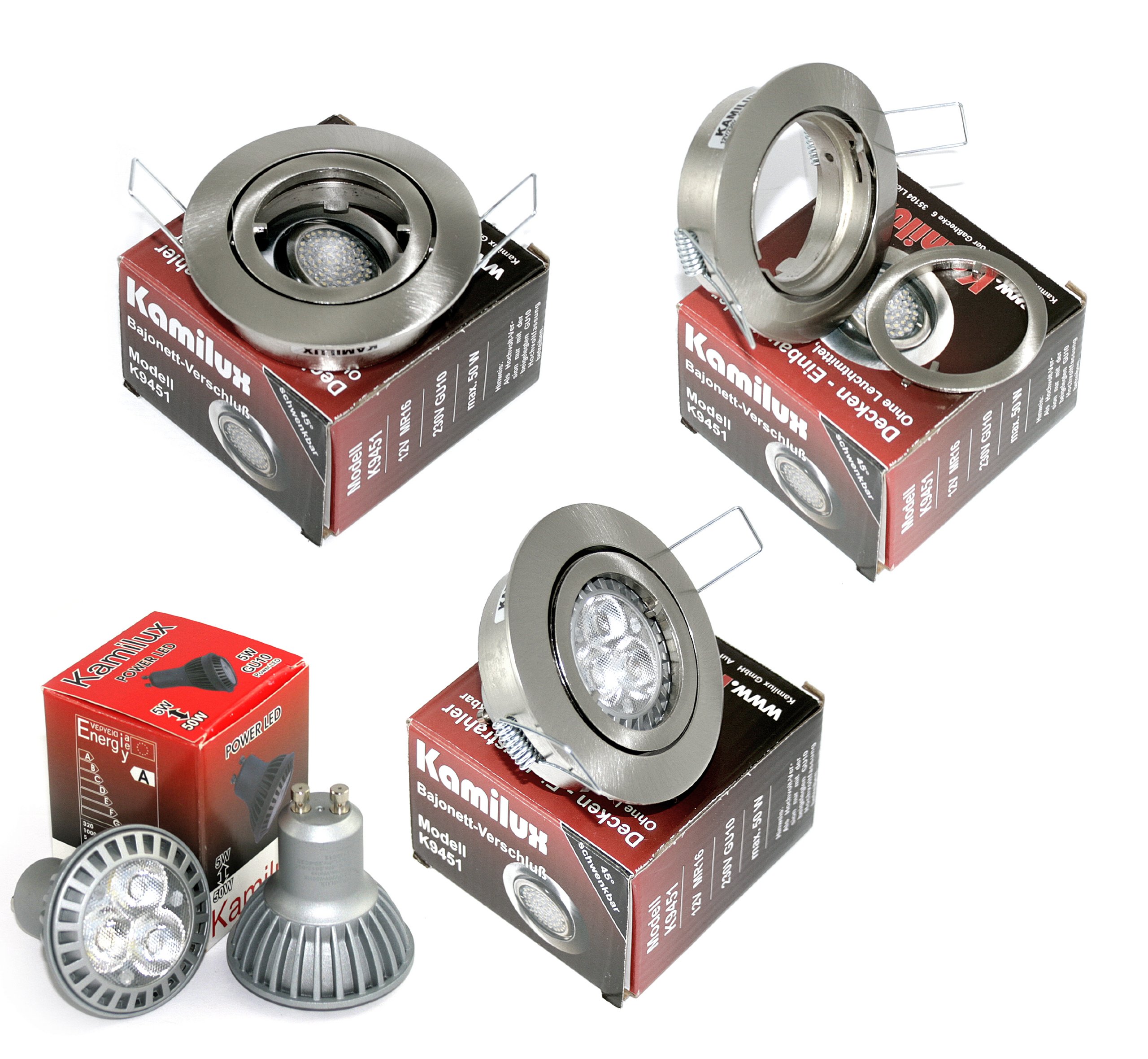 5er Set Power LED Einbauleuchte Bajo 230V GU10 edelstahl-gebürstet + Power LED 5 Watt in warmweiss