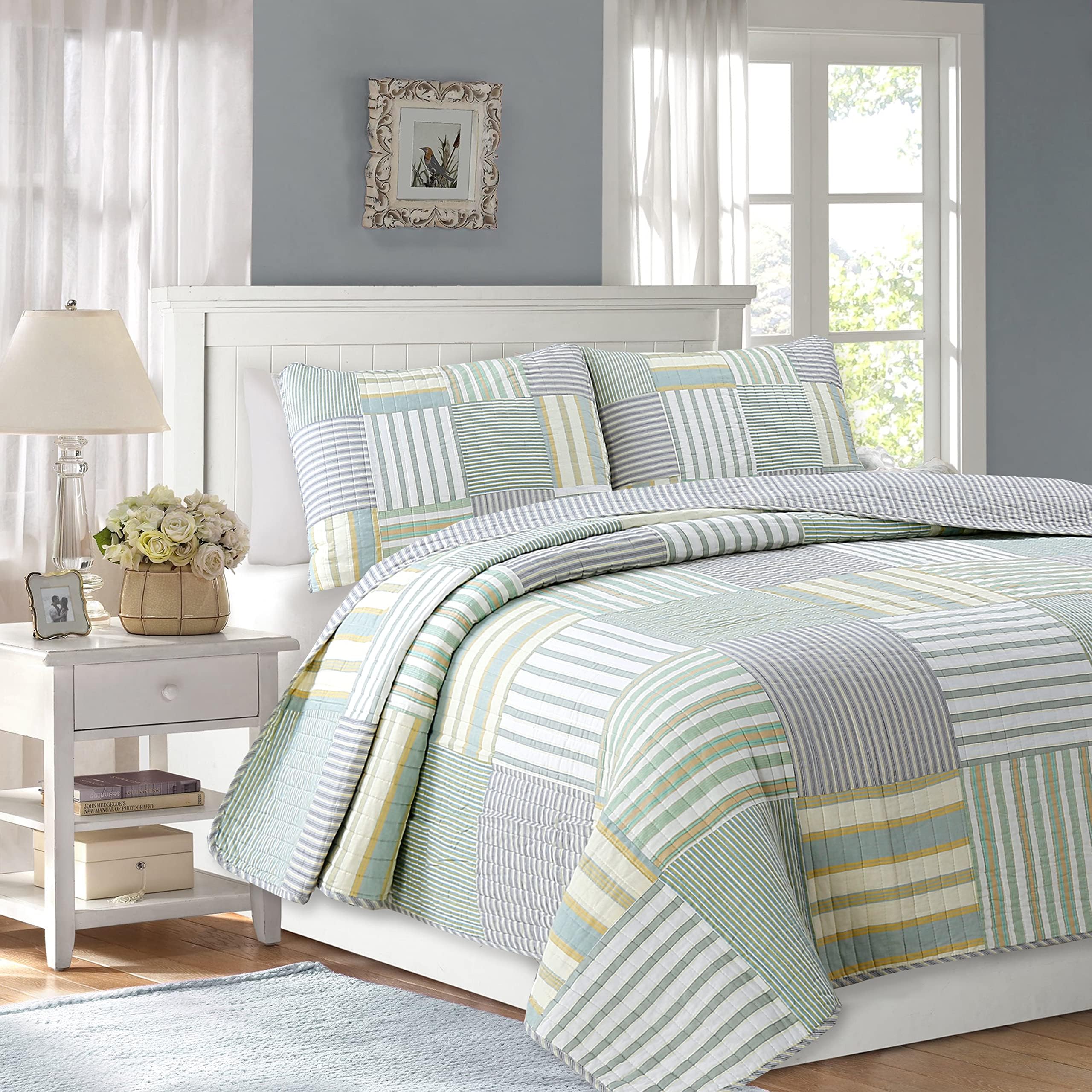 Green Yellow Blue Plaid Striped Real Patchwork 100% Cotton, Reversible Coverlet, Bedspread, Quilt Bedding Set (Green Patchwork, King - 3 Piece)