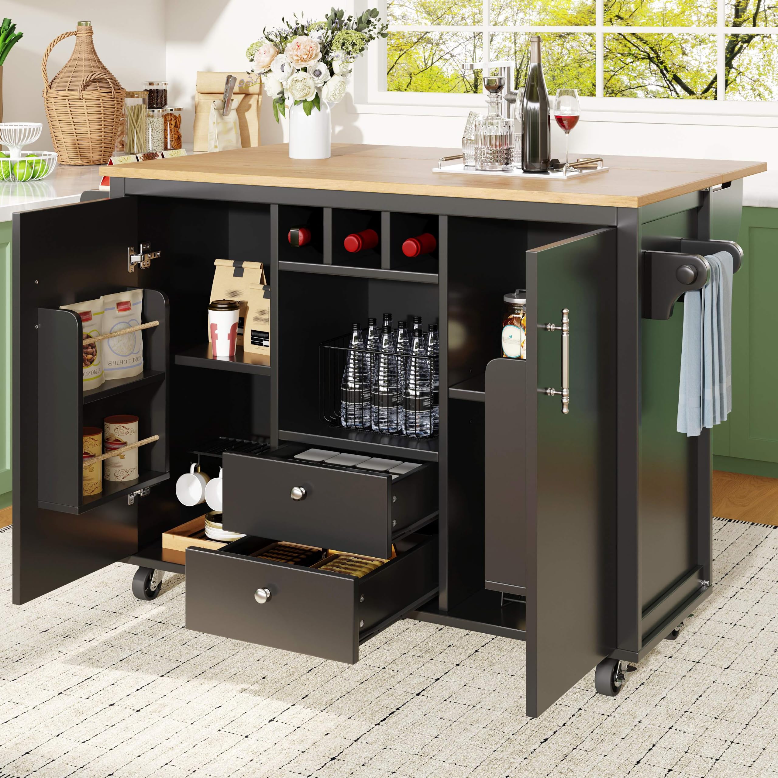 Elegante armadietto da cucina a buffet nero, 120 x 73 x 92 cm, versatile con piano di lavoro pieghevole, portabottiglie e organizer per spezie, ripiani regolabili e porta per un'efficienza ottimale
