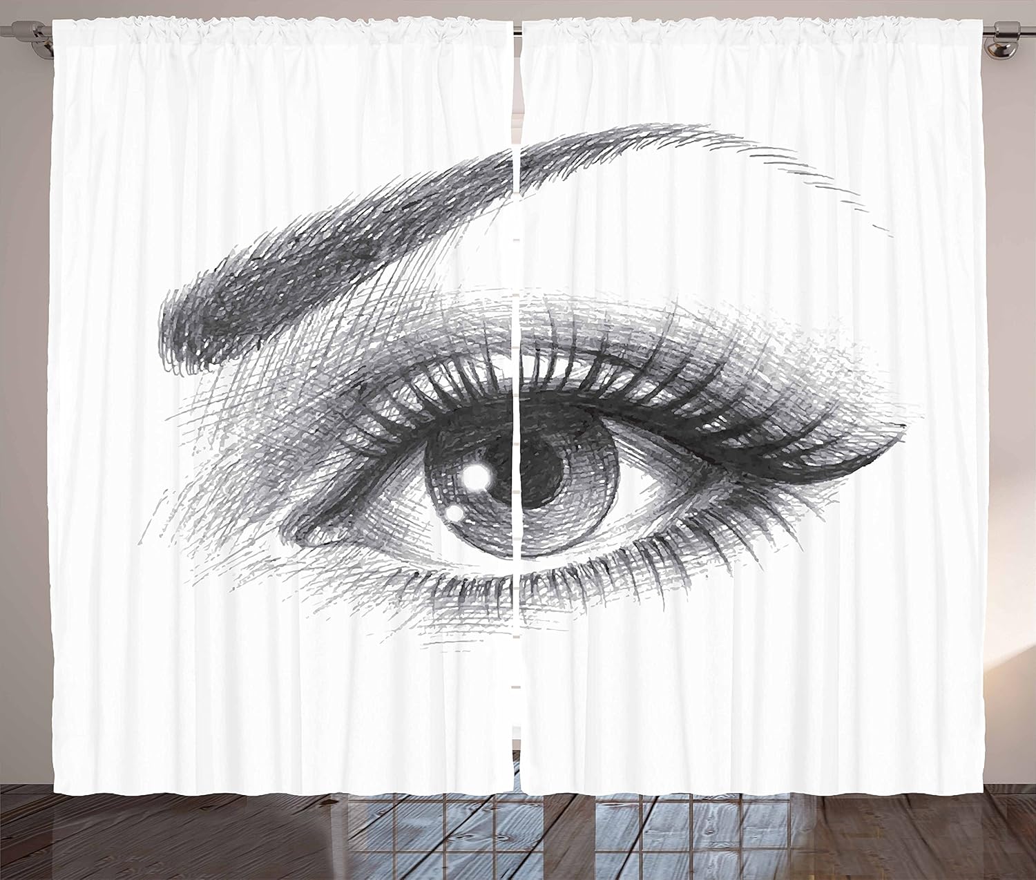 Ambesonne Eye Curtains, Pencil Drawing Artwork of a Staring Female Lashes and Curvy Eyebrow, Living Room Bedroom Window Drapes 2 Panel Set, 108″ X 84″, Grey White