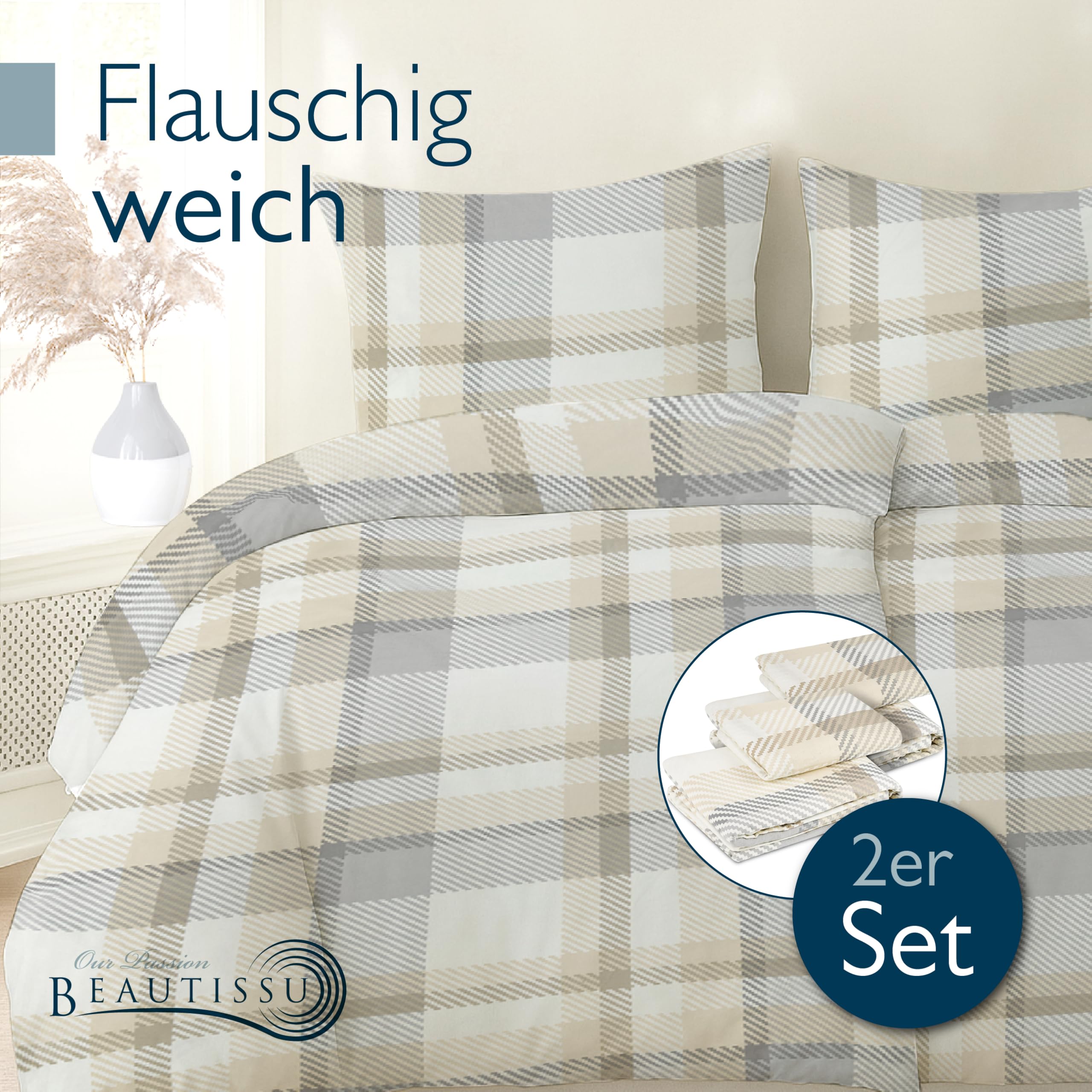 Beautissu Biber Bettwäsche 4teilig Flanell Winterbettwäsche Biberbettwäsche | 135x200cm Beige warme Feinbiber Bettbezug & Kissenbezug 80x80cm Bettwäsche-Sets warm Winter Set Mira