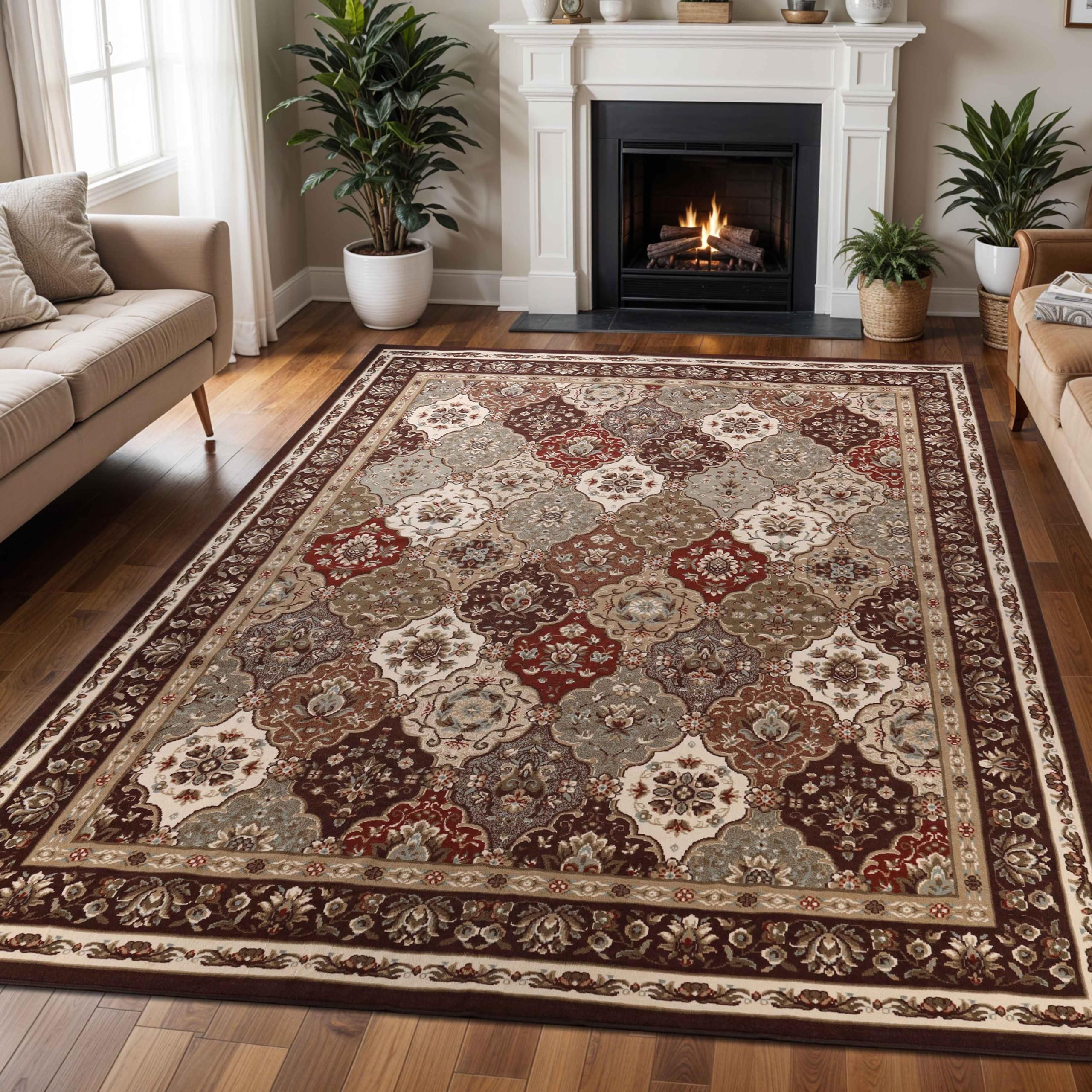 Photo 1 of *** BOX DAMAGED *** Superior Indoor Area Rug, Floor Decor, For Kids, Pets, Bedroom, Entryway, Hallway, Office, Living Room, Dining, Plush Carpet Cover, Traditional Floral Classic, Palmyra Collection, 12' x 15', Chocolate