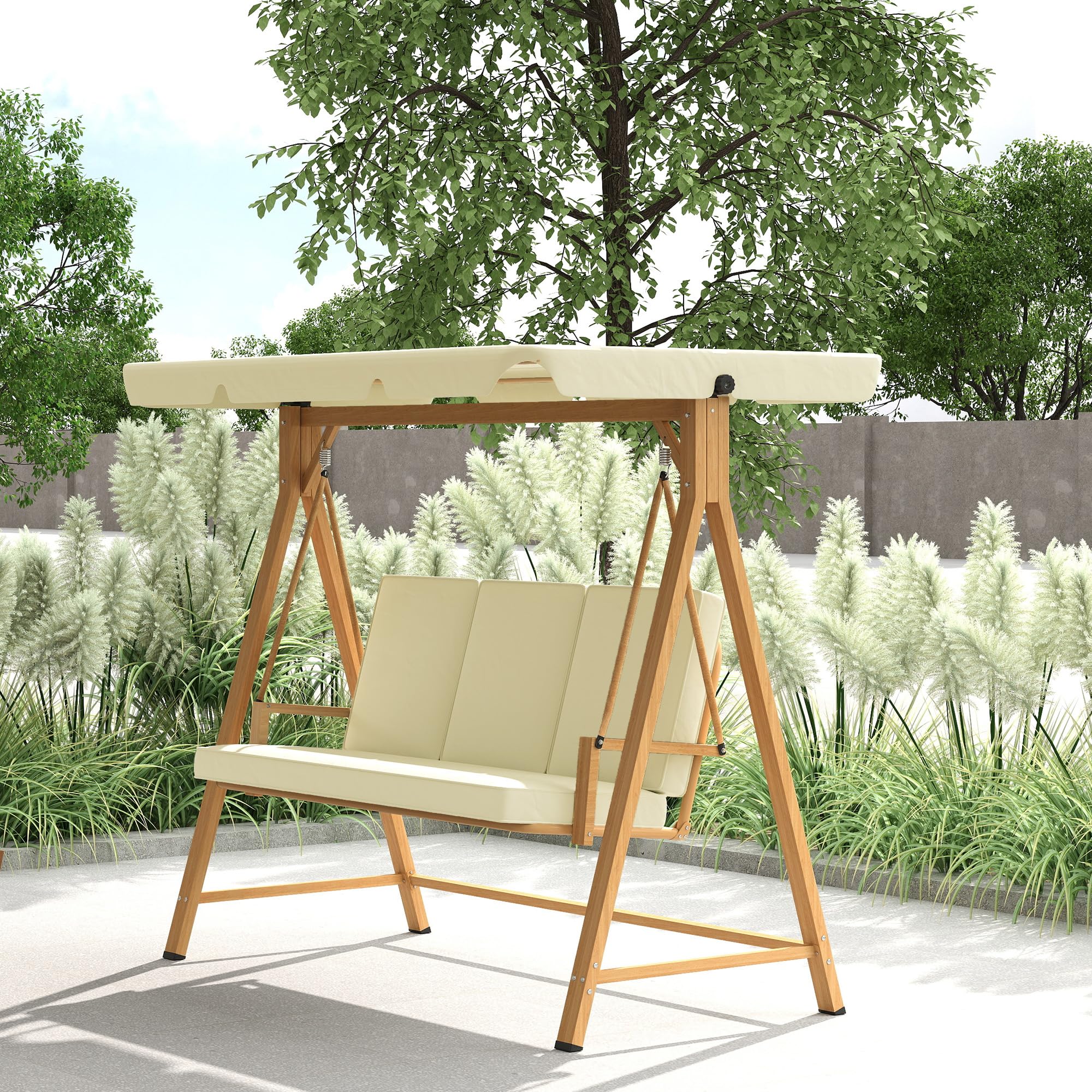 Outsunny Balancín de Jardín Exterior con Toldo Ajustable de 3 Plazas Columpio de Jardín Exterior con Cojines y Estructura con Veta de Madera Carga 330 kg 195x120x170 cm Beige
