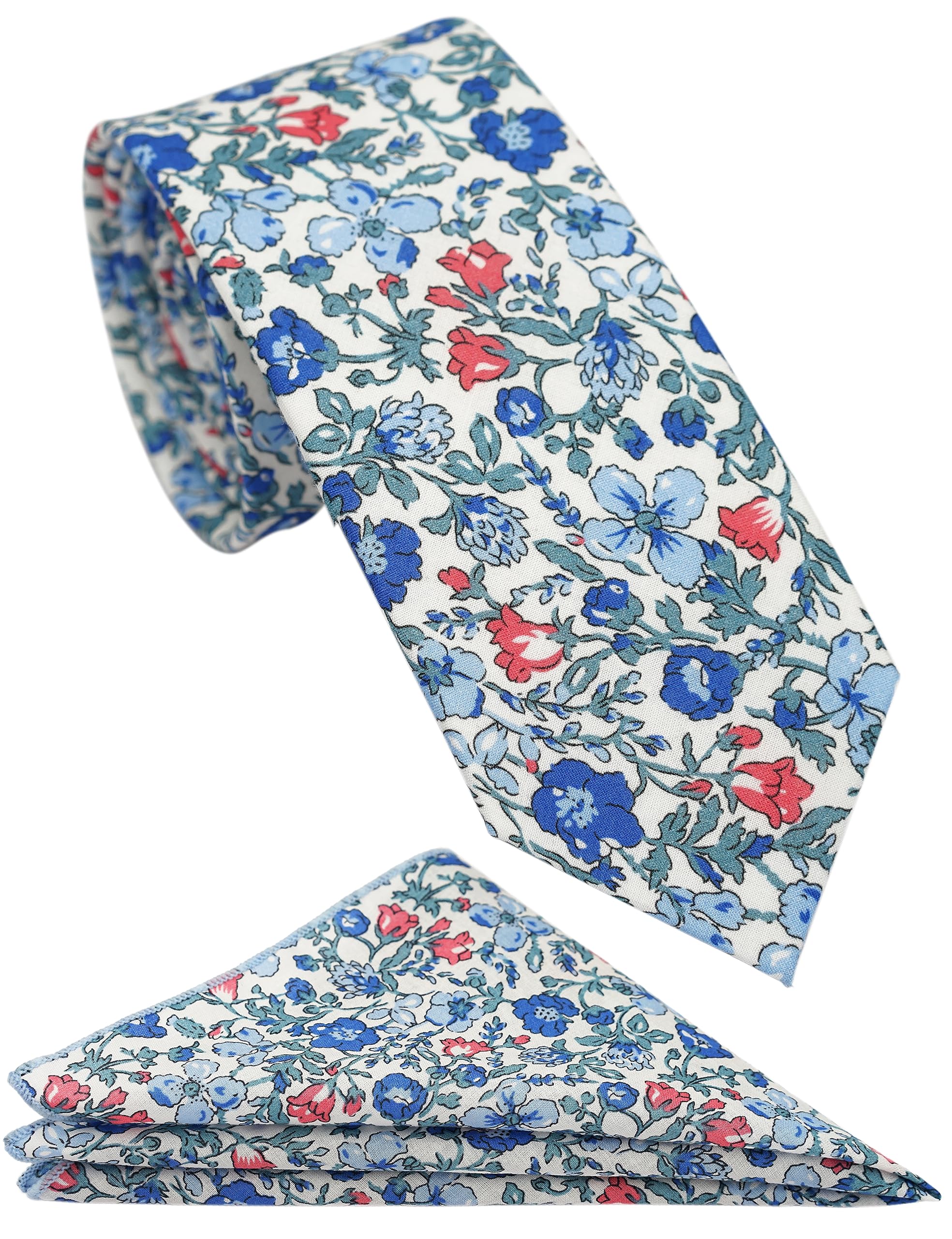 ZENXUS Cotton Skinny Floral Tie and Pocket Square Set for Men, Cornflower Blue, 10, Narrow