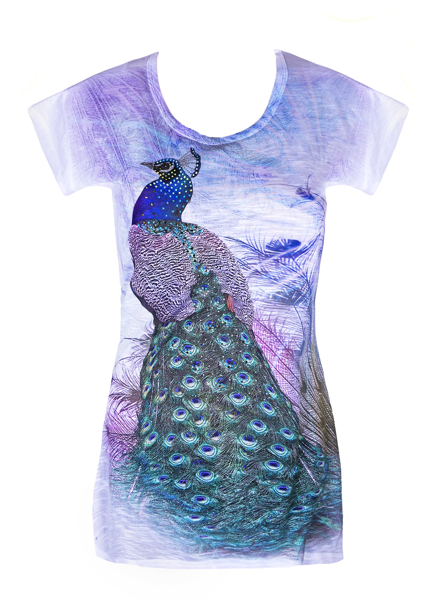 Sweet Gisele Women's Multicolor Peacock Short sleeve Printed T shirt