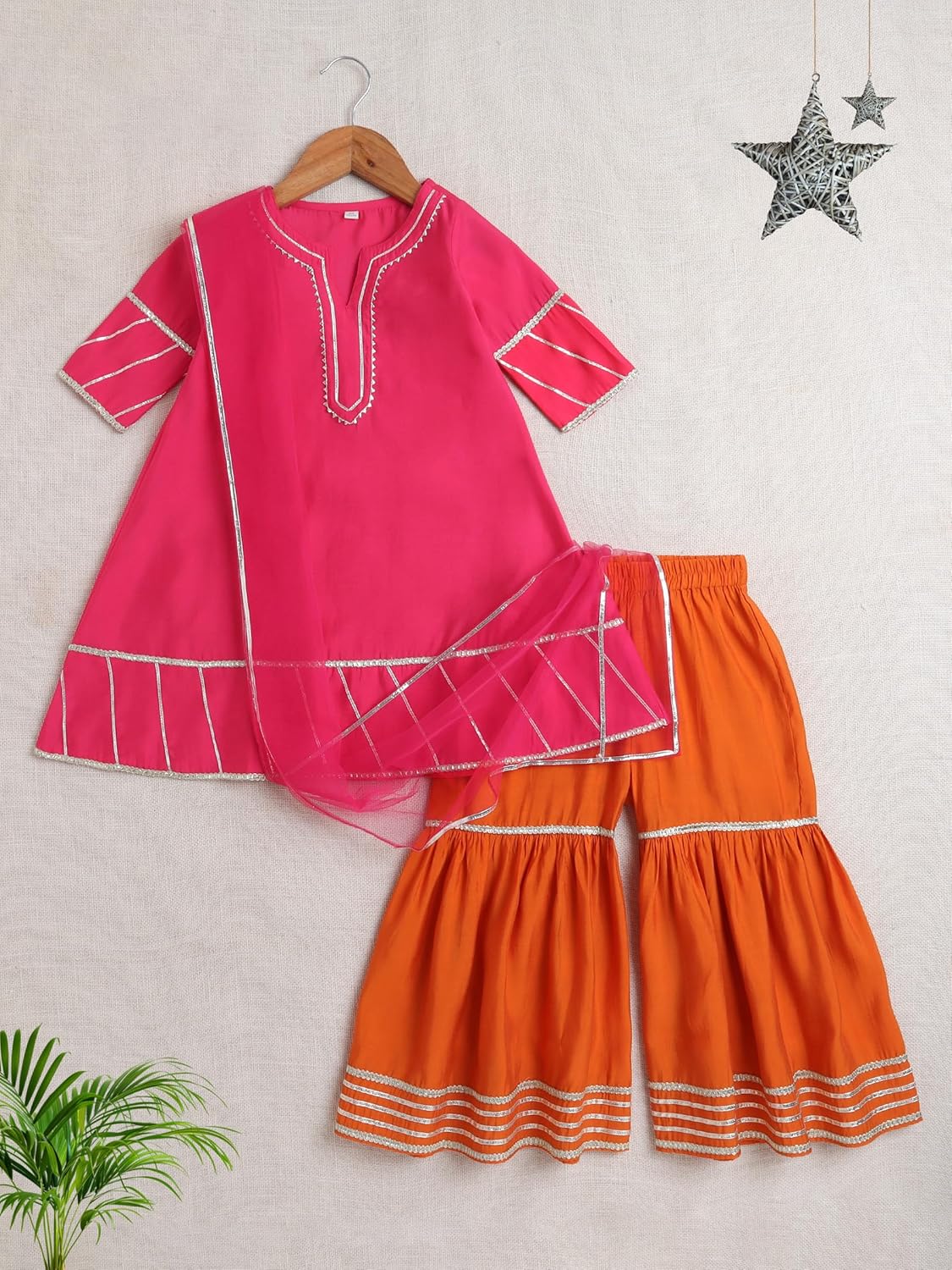 The Magic Wand Girls Sharara Kurta Set For Kids Baby Girl, Printed Ethnic Kurti Dress, Half Sleeves Gota Lace Salwar Suit Traditional Clothing Set For Festivals - Image 2