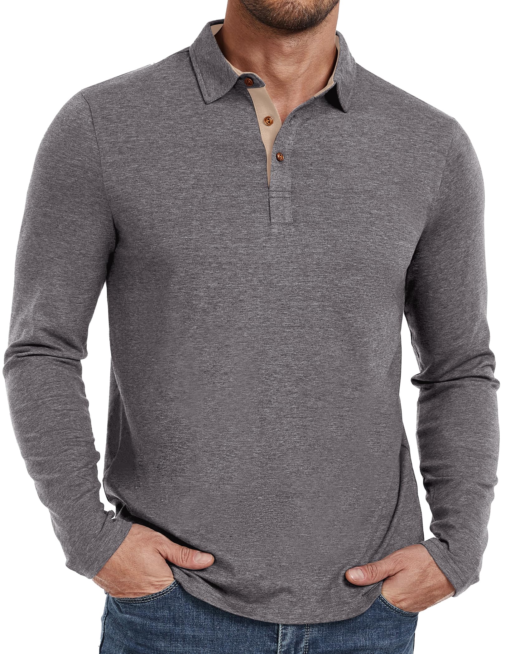 Mens Long Sleeve Polo Shirt Classic Golf Button Down Cotton