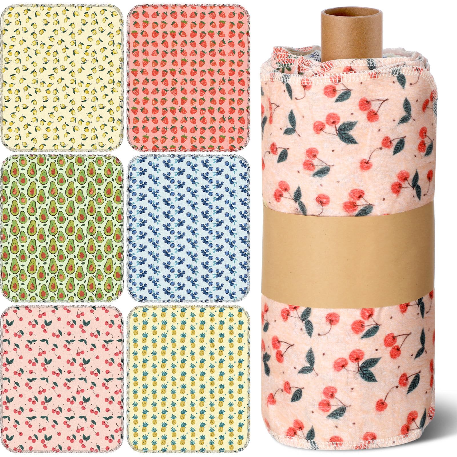 Redbaker 30 Pcs Reusable Paper Towels Rolls Kitchen Towels Bulk Washable Paperless Cloth Cotton Hand Napkins with Cardboard Reusable Napkins for Kitchen Bathroom (Fruit Style)