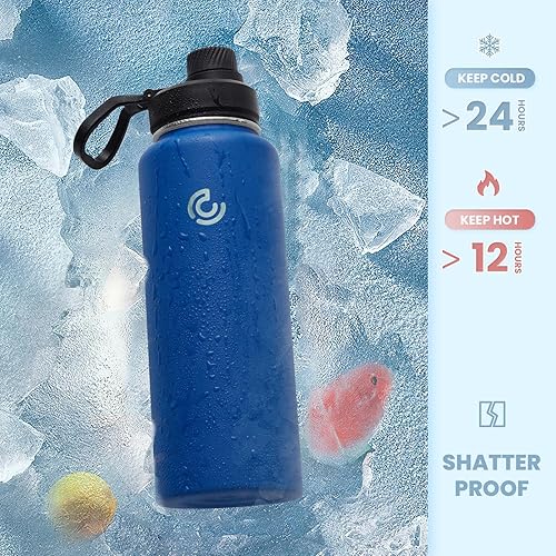 Miniatura 4 de COKTIK Botella de agua deportiva de 40 onzas con popote, 2 tapas, botellas de agua aisladas al vacío de acero inoxidable, a prueba de fugas,