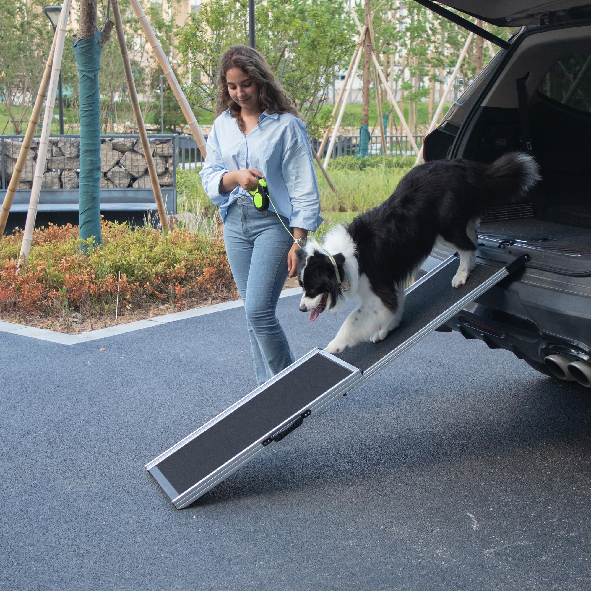 COZIWOW Aluminum Pet Ramp Ladder,Portable Dog Car Step Ramp with 2-Fold Design and Handle, Non-Slip Surface, Oxford Strap,Pet Stairs for Vehicles,SUV,Truck, High Bed,Black