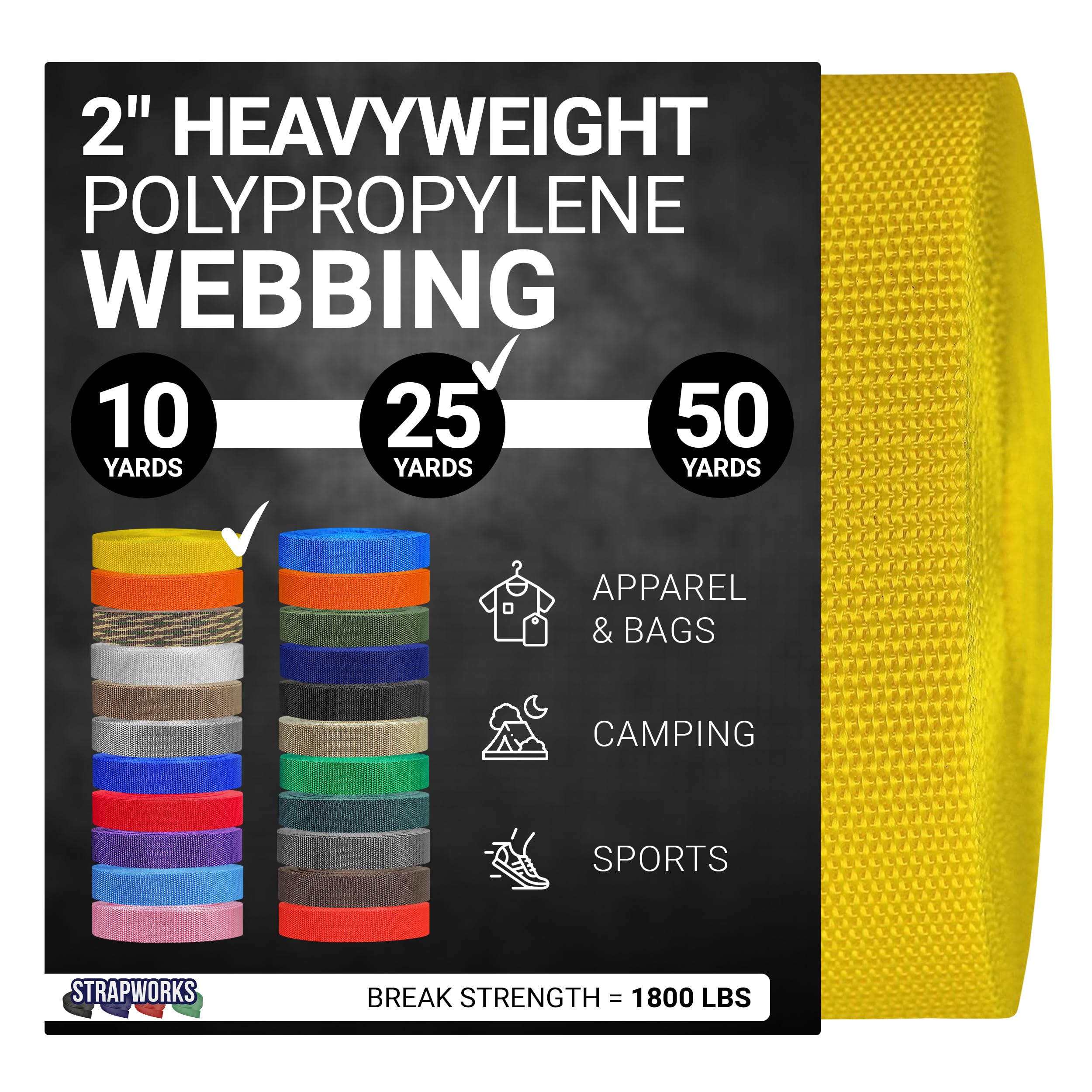 Strapworks Heavyweight Polypropylene Webbing - Heavy Duty Poly Strapping for Outdoor DIY Gear Repair, 2 Inch x 25 Yards - Yellow