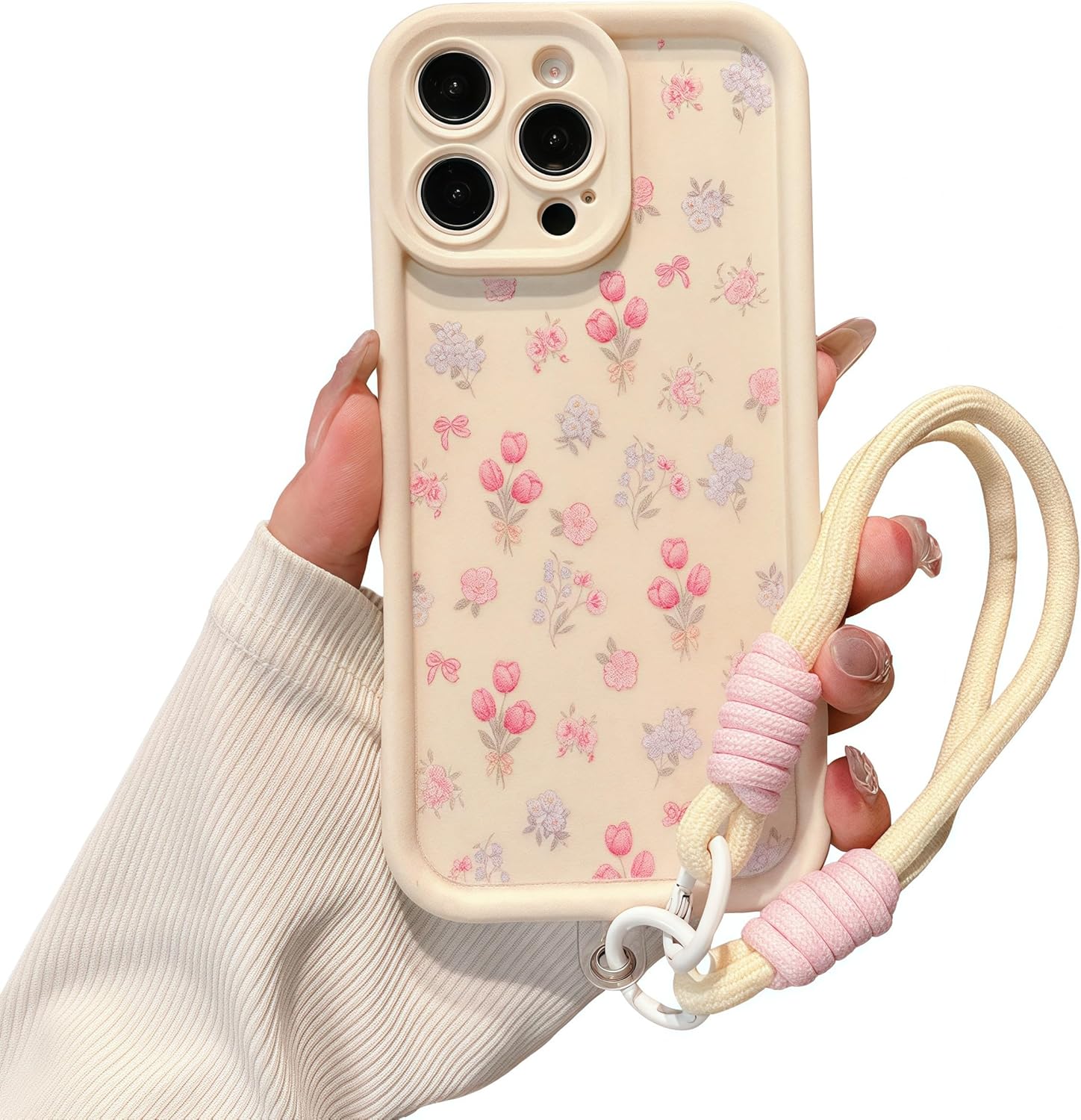 Aesthetic Ditsy Florals Phone Case Compatible for iPhone 16 Pro Max Case, with Adjustable Anti-Drop Wrist Strap - Full-Body Shockproof Protection, Raised Camera & Edge Guards Flowers