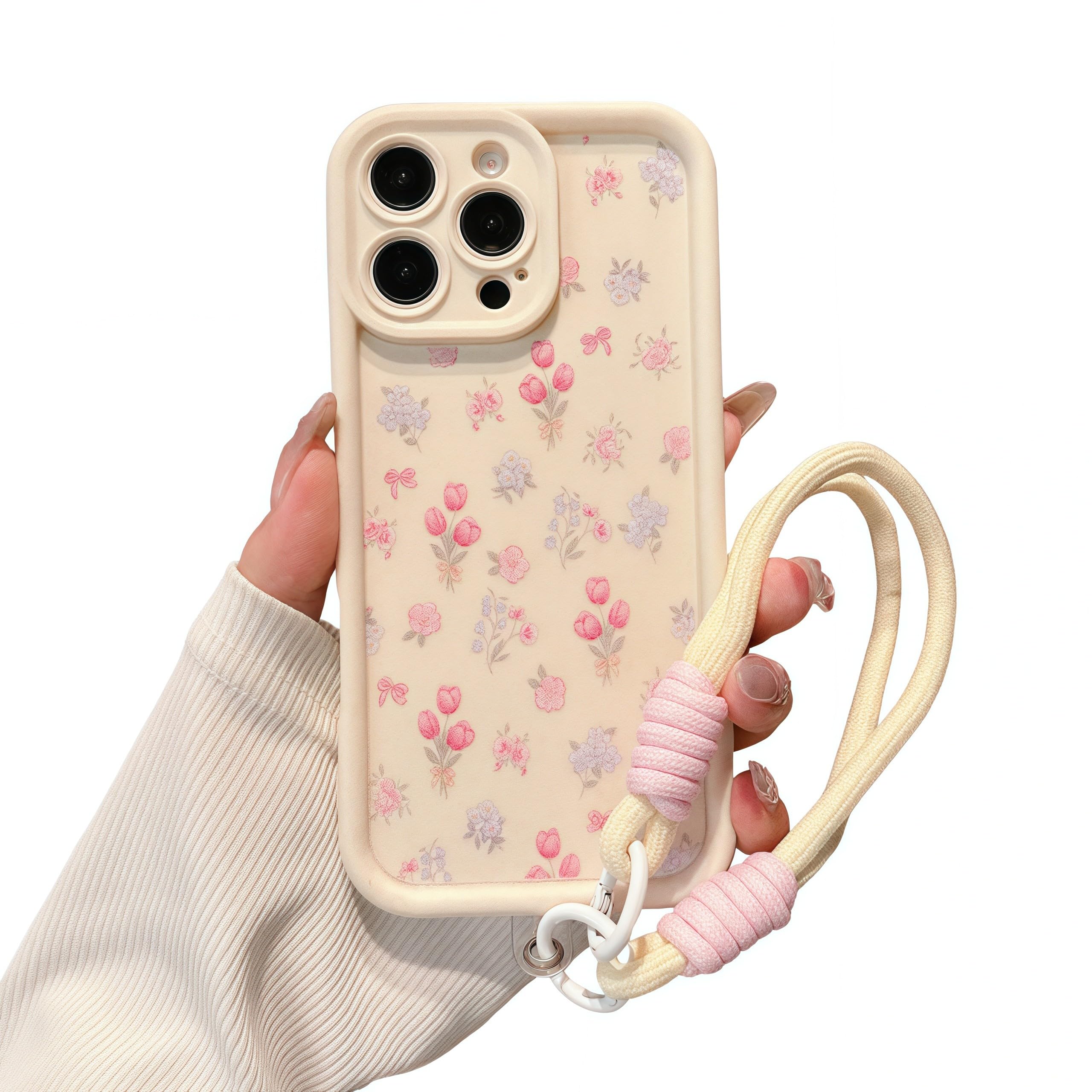 FXFOOT Aesthetic Ditsy Florals Phone Case Compatible for iPhone 16 Pro Case, with Adjustable Anti-Drop Wrist Strap - Full-Body Shockproof Protection,