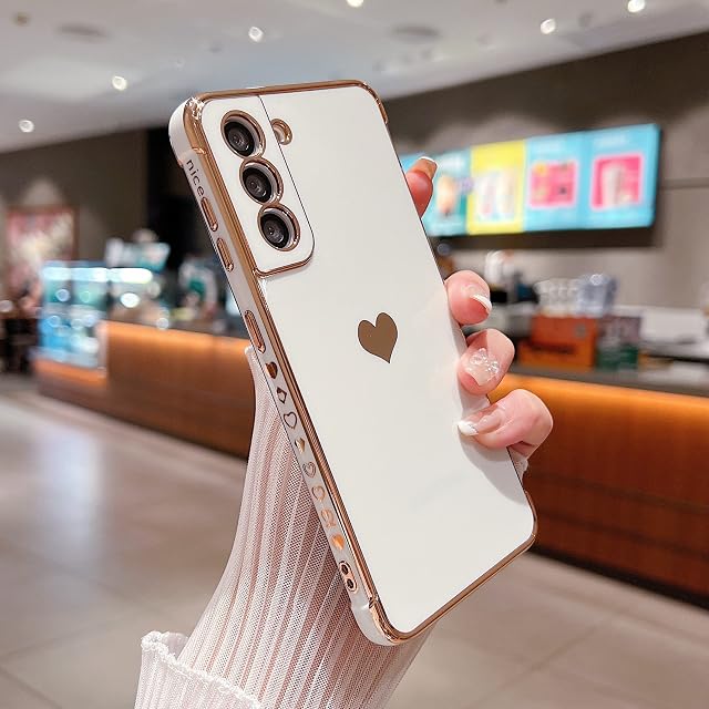 Compatible with Samsung Galaxy S22 Plus/S22+ 5G Case,Love Heart Pattern Electroplated Design Soft TPU Shockproof Protective Case Full Camera Lens Protection Cover for Samsung Galaxy S22 Plus-White