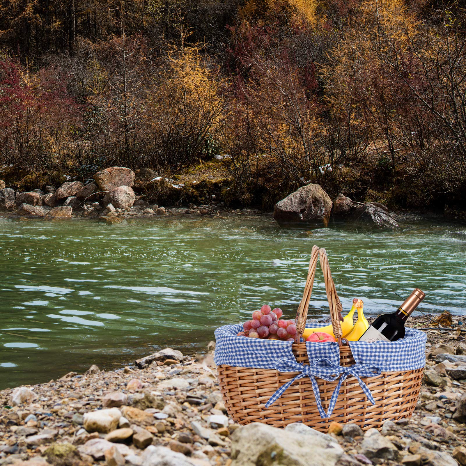 G GOOD GAIN Cestino da picnic in vimini con doppi manici pieghevoli, cestino da picnic in salice, cestino pasquale intrecciato a mano, cestino pasquale e cestino per caramelle, giocattoli da bagno e