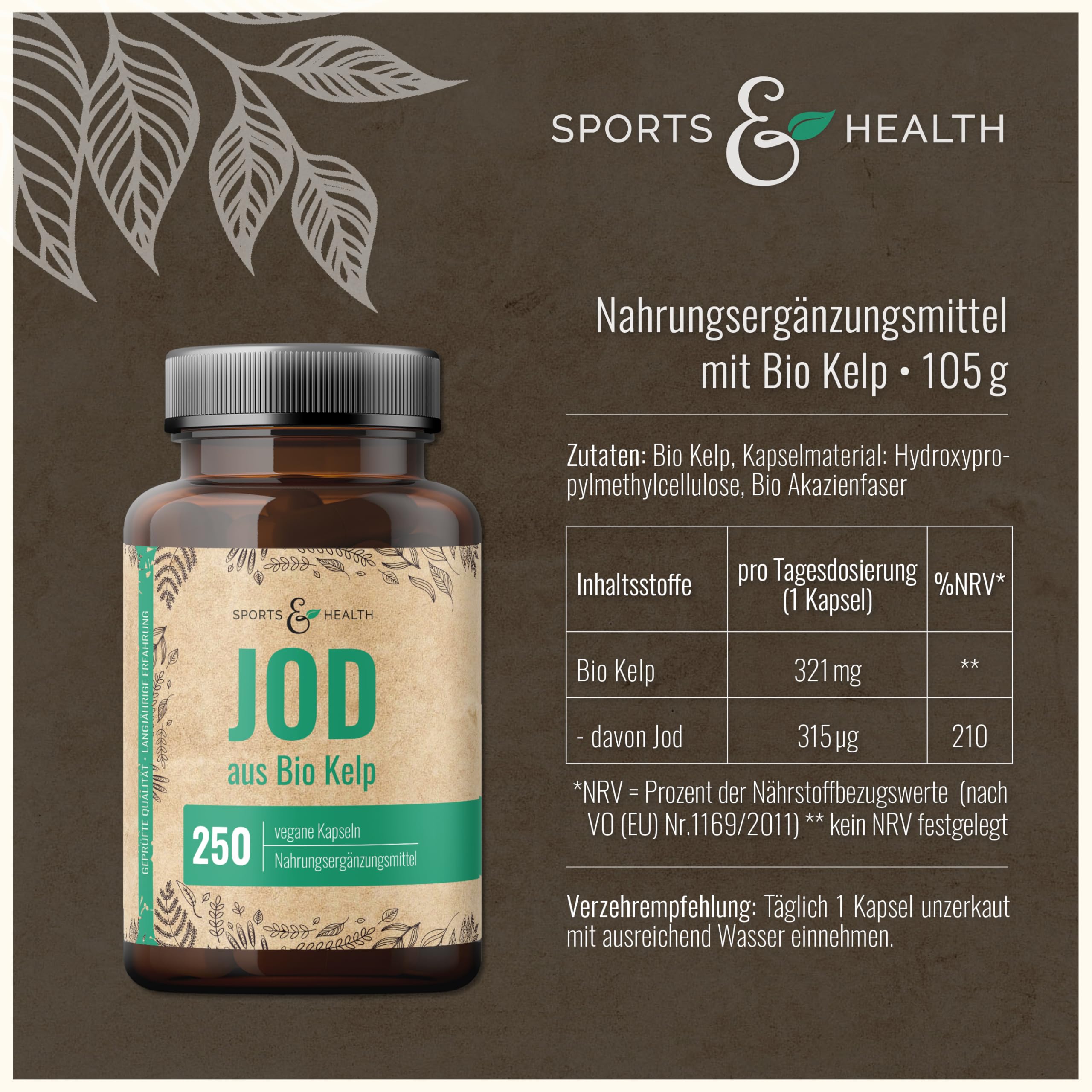 Kelp Kapseln – Natürliches Jod aus Braunalgen – Bio, Vegan – 250 Stück