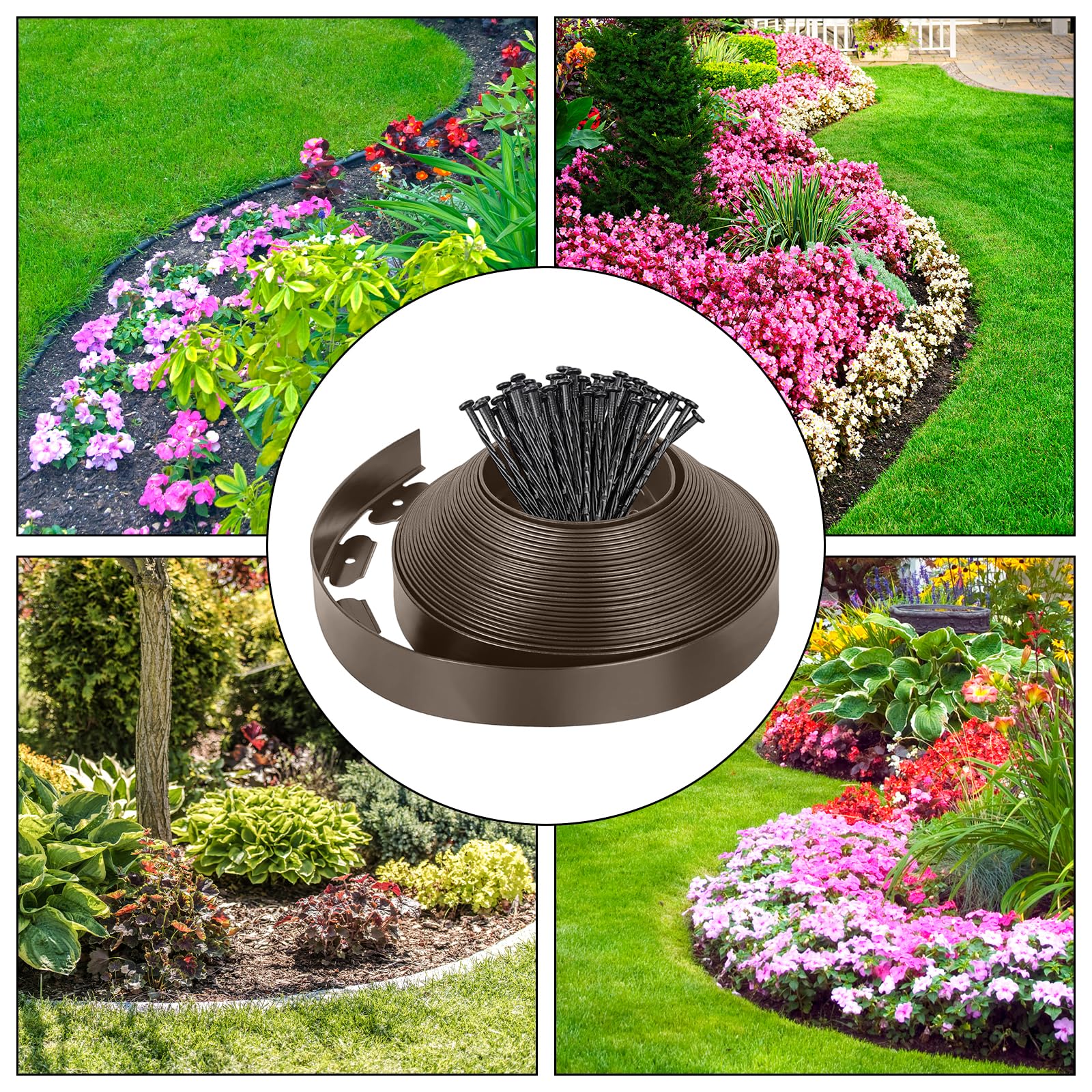 Bordes para Césped Flexible 10M x 5cm, Plástico Valla de Jardín con 50 Clavijas, Borde Delimitación para Césped para Jardine, Parterre, Camino de Patio, Marrón