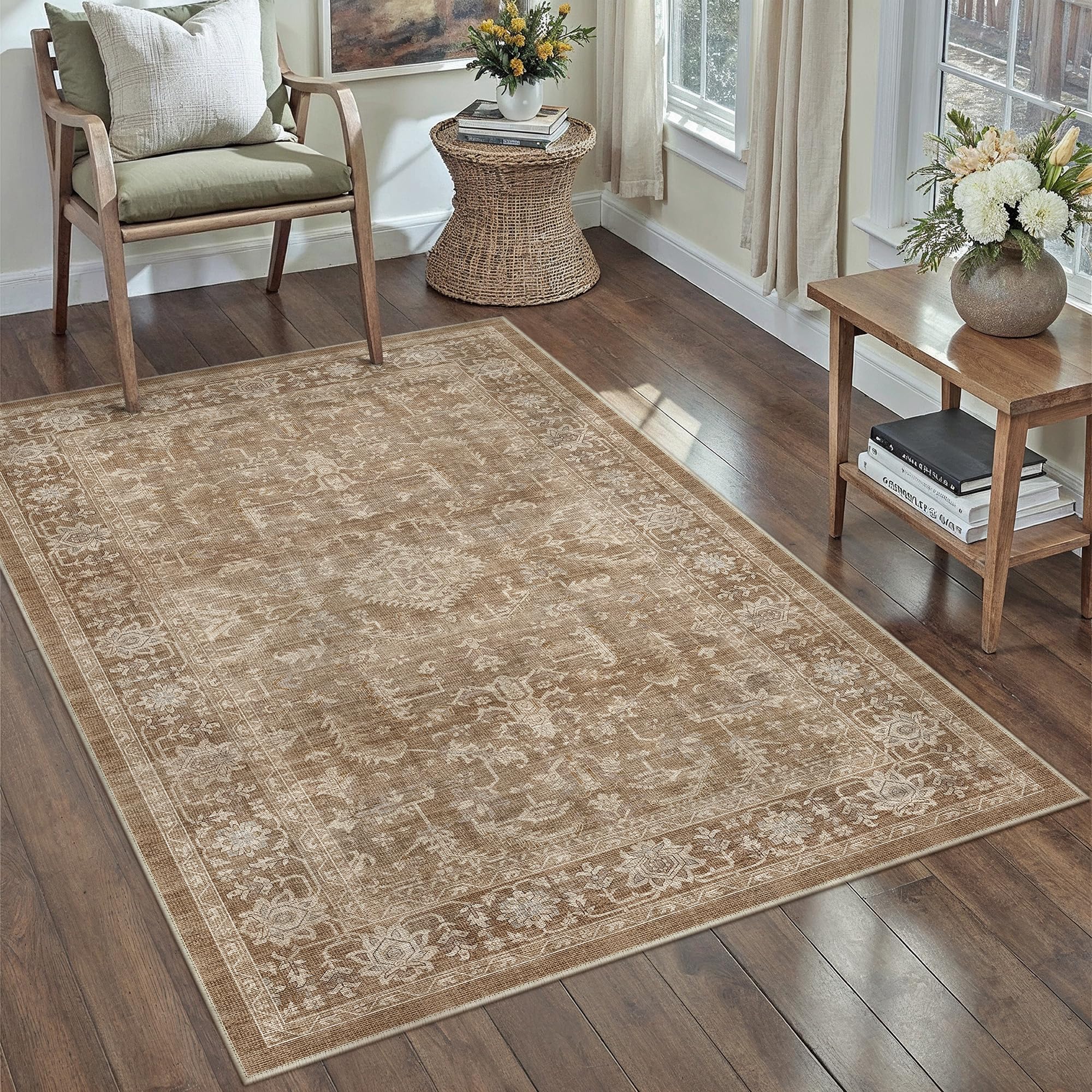 PureCozy Brown Rugs Living Room 120x170cm Vintage Washable Non Slip Soft Boho Area Rug Kitchen Bedroom Dining Room Home Office Indoor Decor Low Pile Carpet — image 1