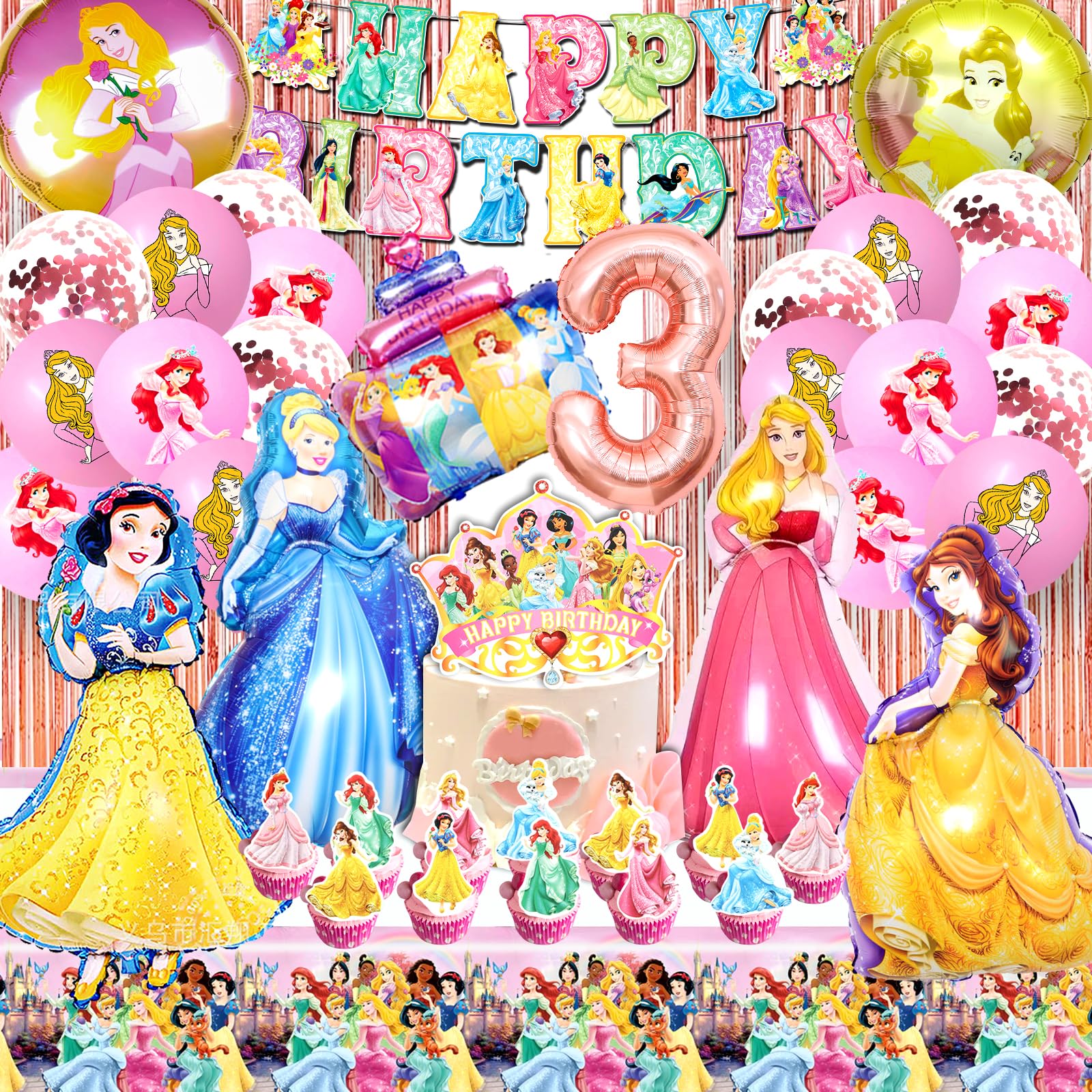 Juego de decoración de cumpleaños 3 de princesa - 53 unidades con globos, globos de aluminio y accesorios para fiestas de cumpleaños infantiles