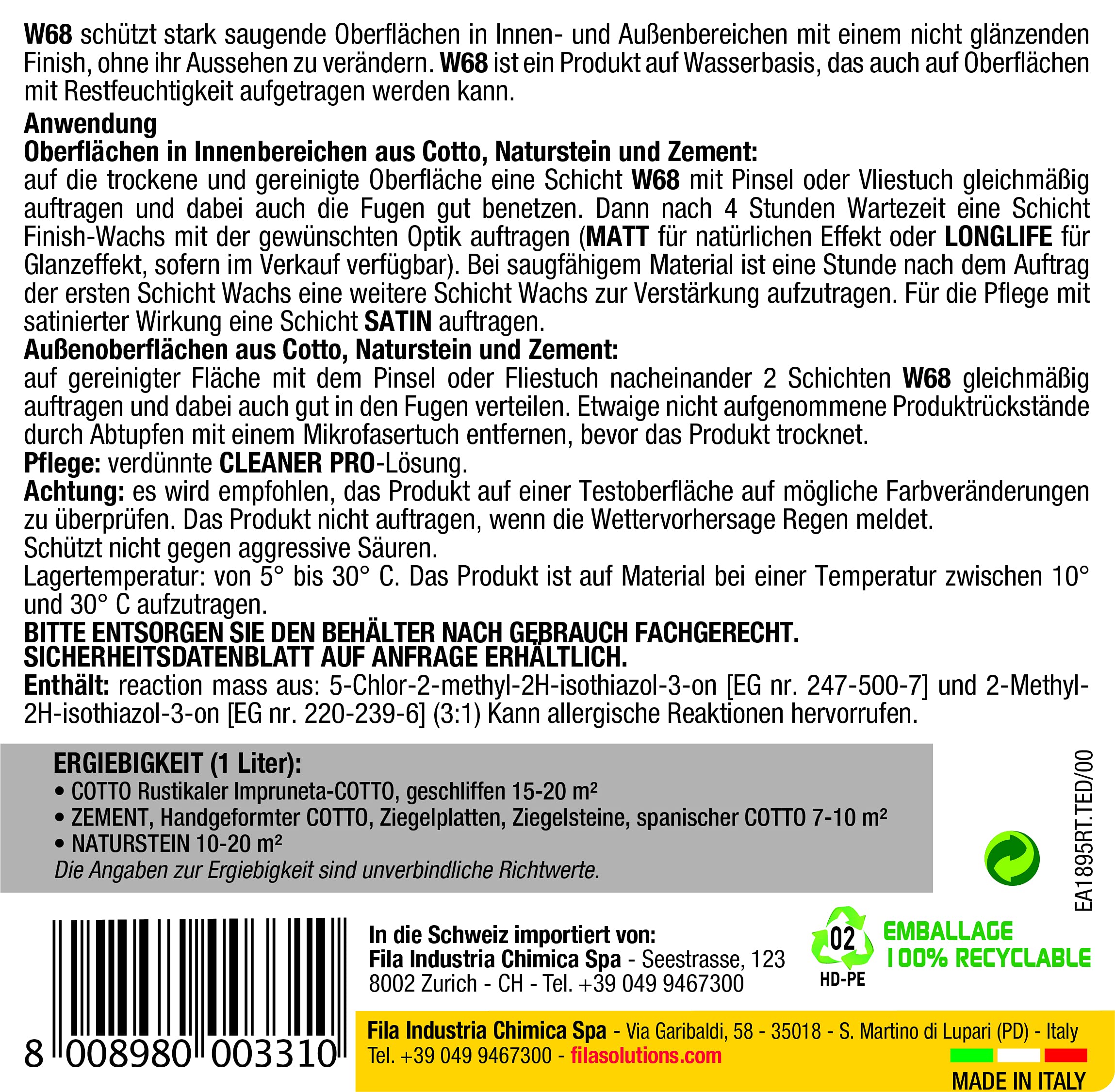 FILA Surface Care Solutions Idrorepellente e oleorepellente per superfici Non Lucide, Neutro, 1 l