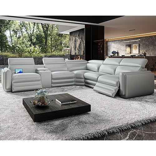 Jocisland Dual Power Recliner, Oversized 5-Seater Sofa with Console, 3 Bluetooth Speakers & Hidden Storage, Modern L Shaped Reclining Couch with 6 Charging Ports - Light Gray Leathaire