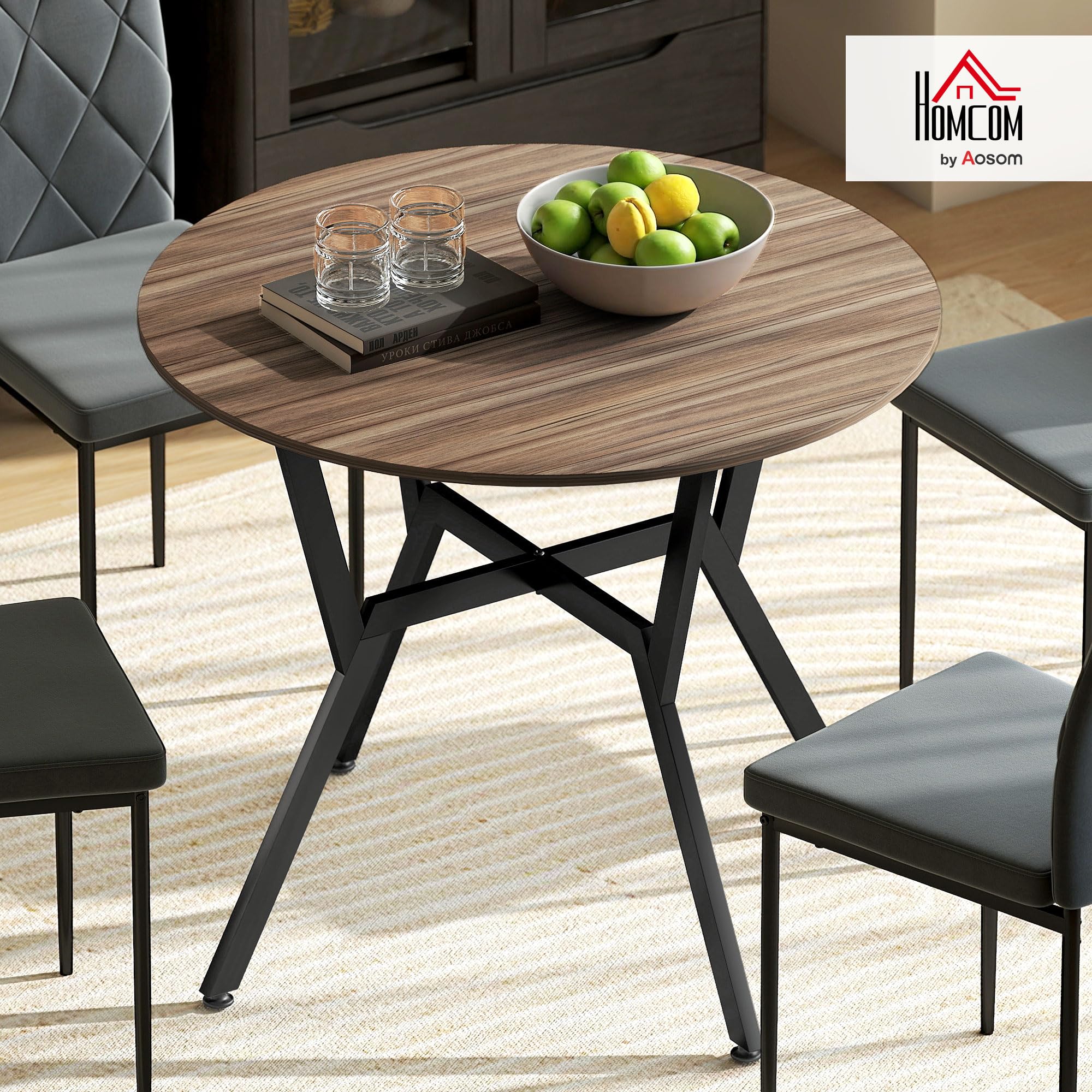 HOMCOM Mesa de Comedor Redonda Mesa de Cocina Industrial con Tapa de Madera y Marco de Acero para Salón Carga 60 kg Ø90x76 cm Marrón — view 2
