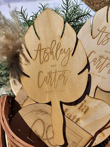 Miniatura 2 de Personalized wooden handheld fan, Wooden wedding favor fans for guests, engraved gift, leaf shaped, Sold in sets of 10