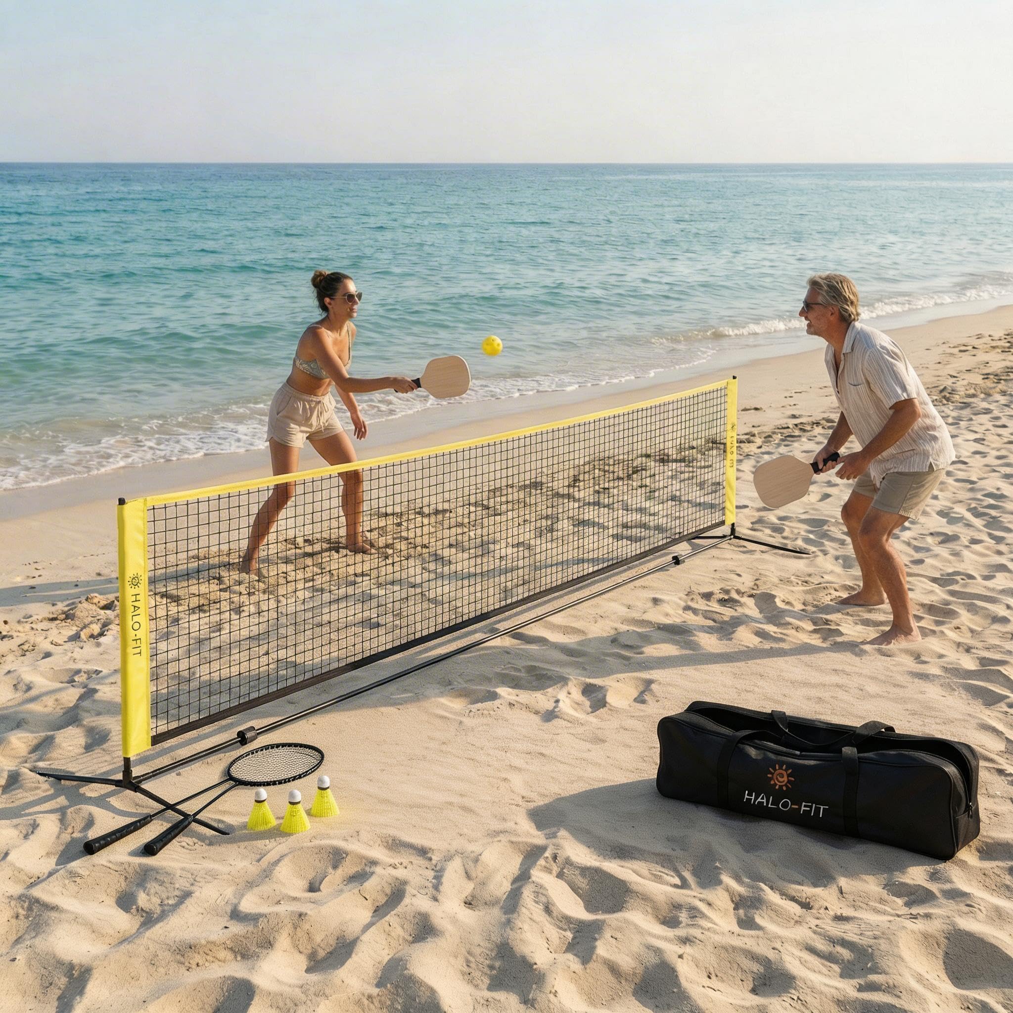 HALOFIT Pickleball & Badminton Set – 2-in-1 Netz mit Schlägern & Bällen – Tragbares Netzsystem für Garten, Indoor & Outdoor – 5 m Netz, 4 Schläger, 2 Pickleball-Bälle, 3 Federbälle & Tragetasche
