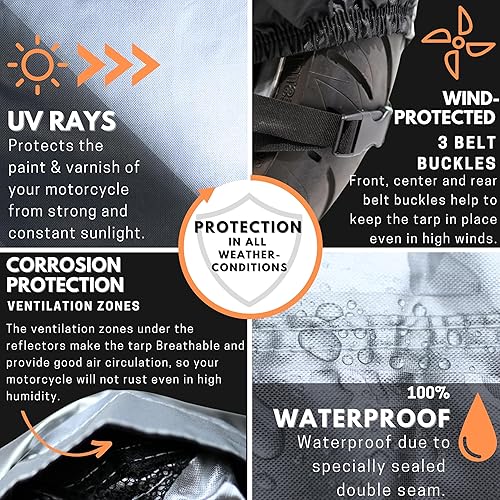 Miniatura 5 de GLUECKSTAR Funda para motocicleta (tamaño XL), impermeable, protege al aire libre en cualquier clima, funda universal para motocicleta XL (L96 x 41