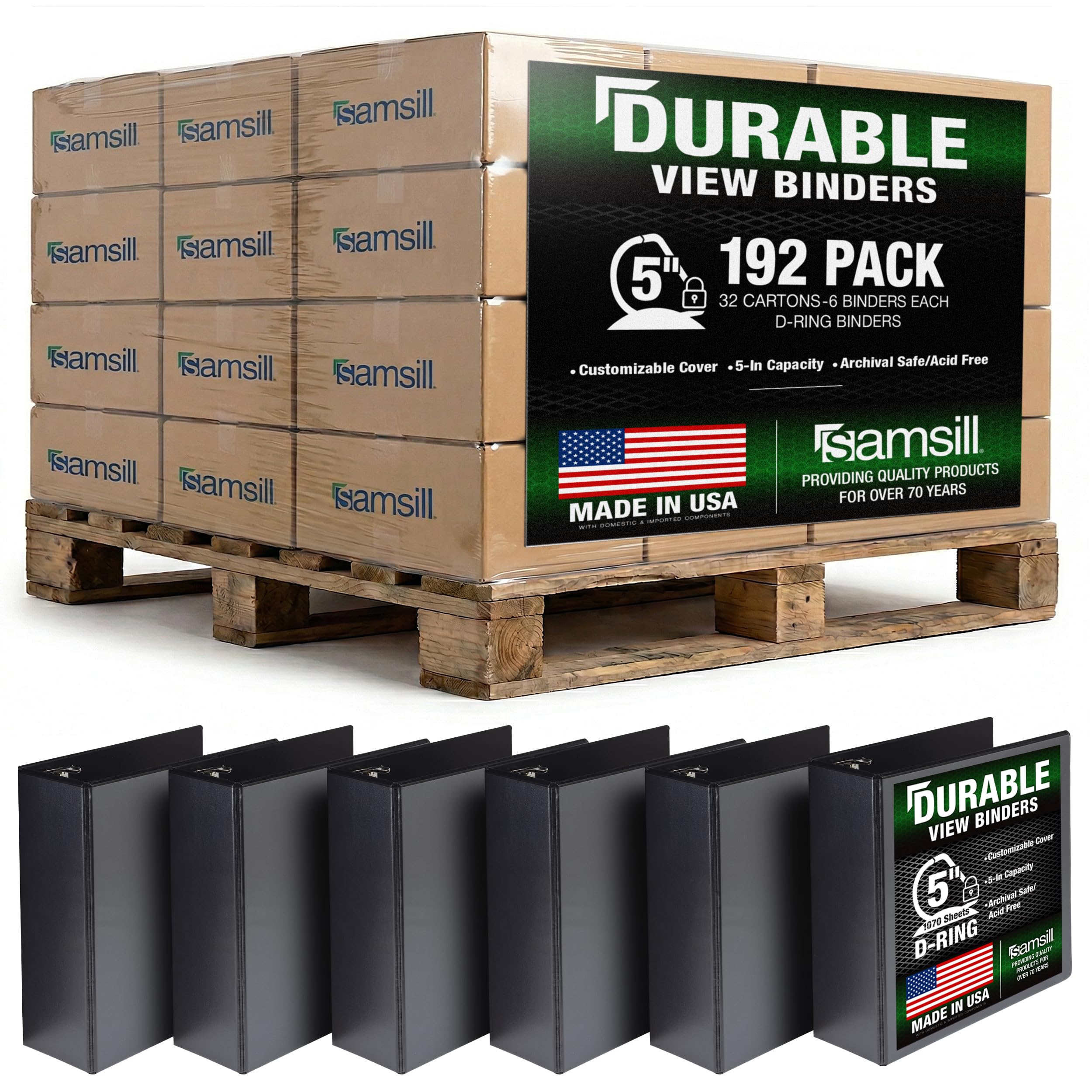 Samsill Durable 5 inch 3 Ring Binder, Locking D Ring 100% Recycled Chipboard, Black, Pallet of 192 Binders in 32 Cartons