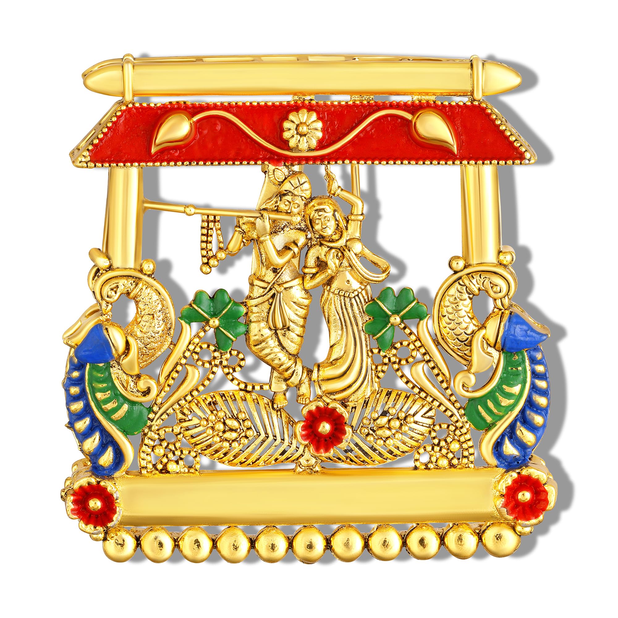 Radha Krishna Jhula Men’s Brooch for Wedding with Peacock-Theme and Multicolour Enamel Work (BP44001G)-image-11