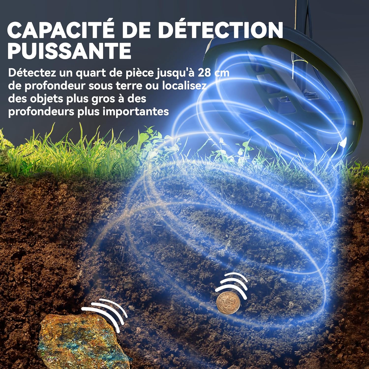 Illustration of the metal detector's powerful detection capability, showing a search coil emitting signals into the ground, detecting a coin and another metallic object at different depths.