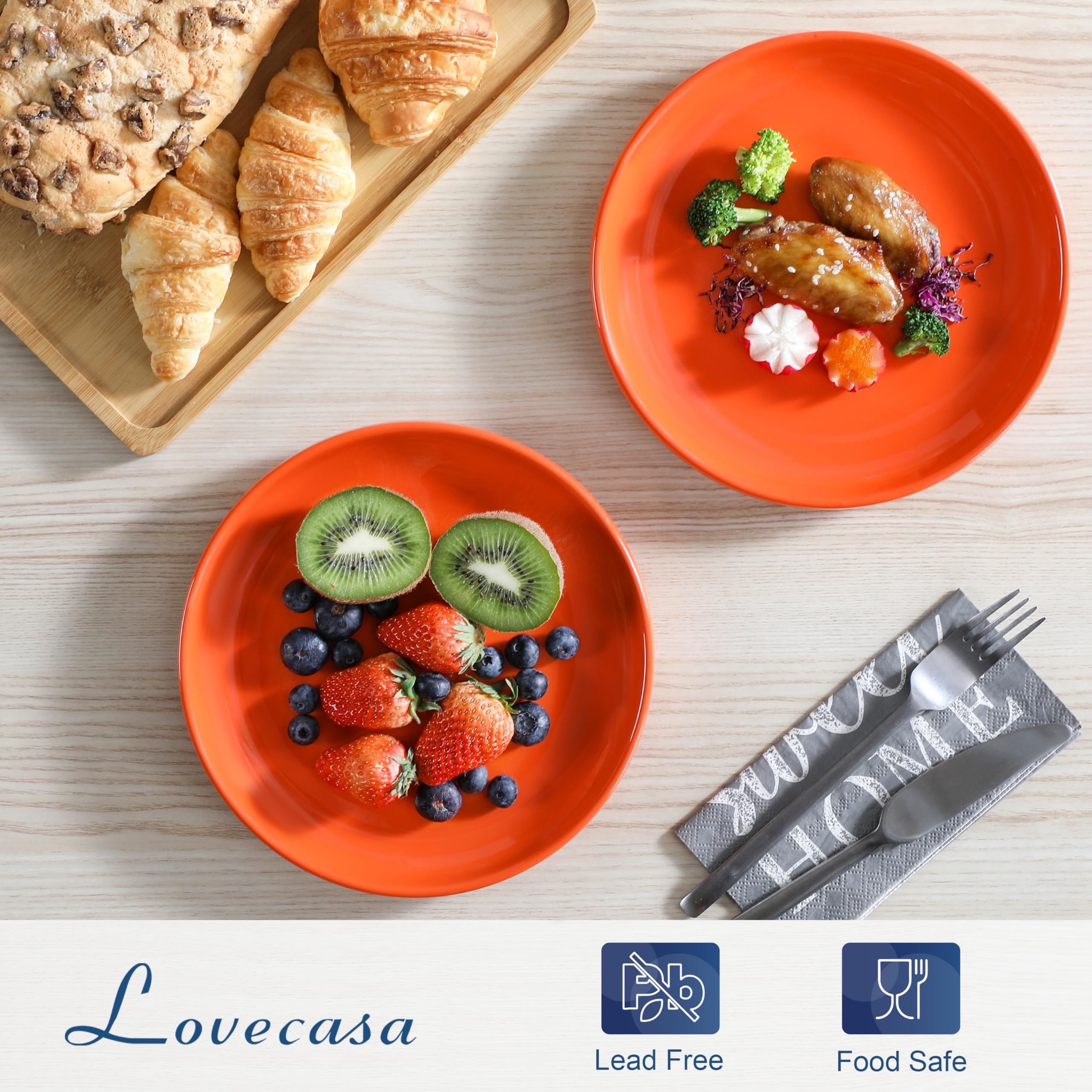 LOVECASA 8 Inch Plates Set for 6, Orange Dish Set Dessert Plate