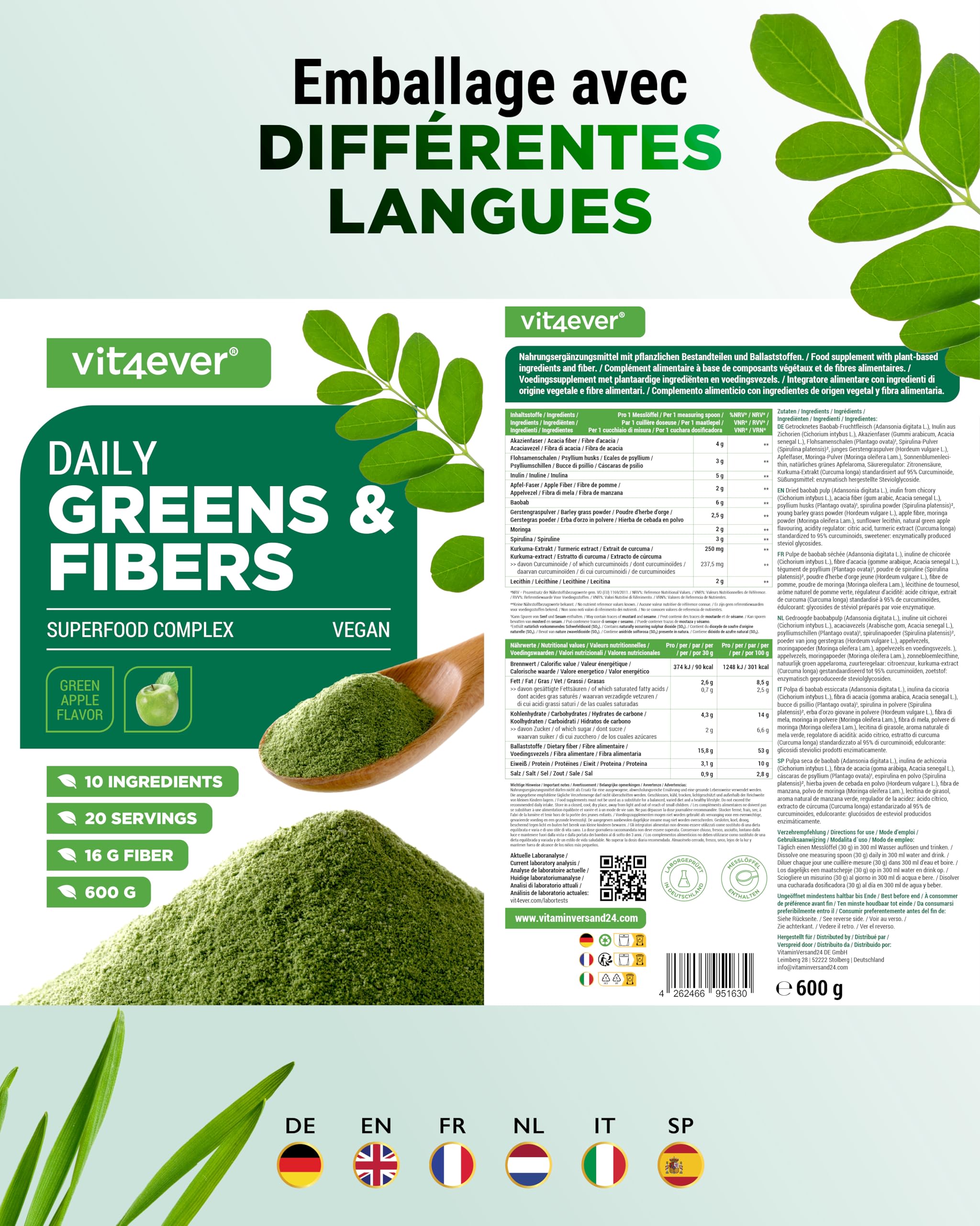 Daily Greens & Fiber Poudre - Combinaison de Fibres & Superfoods - Psyllium, Spiruline, Moringa, Herbe d'Orge, Inuline, Fibre de Pomme, Extrait de Curcuma, Fibre d'Accia, Lécithine (600g Pomme Verte)
