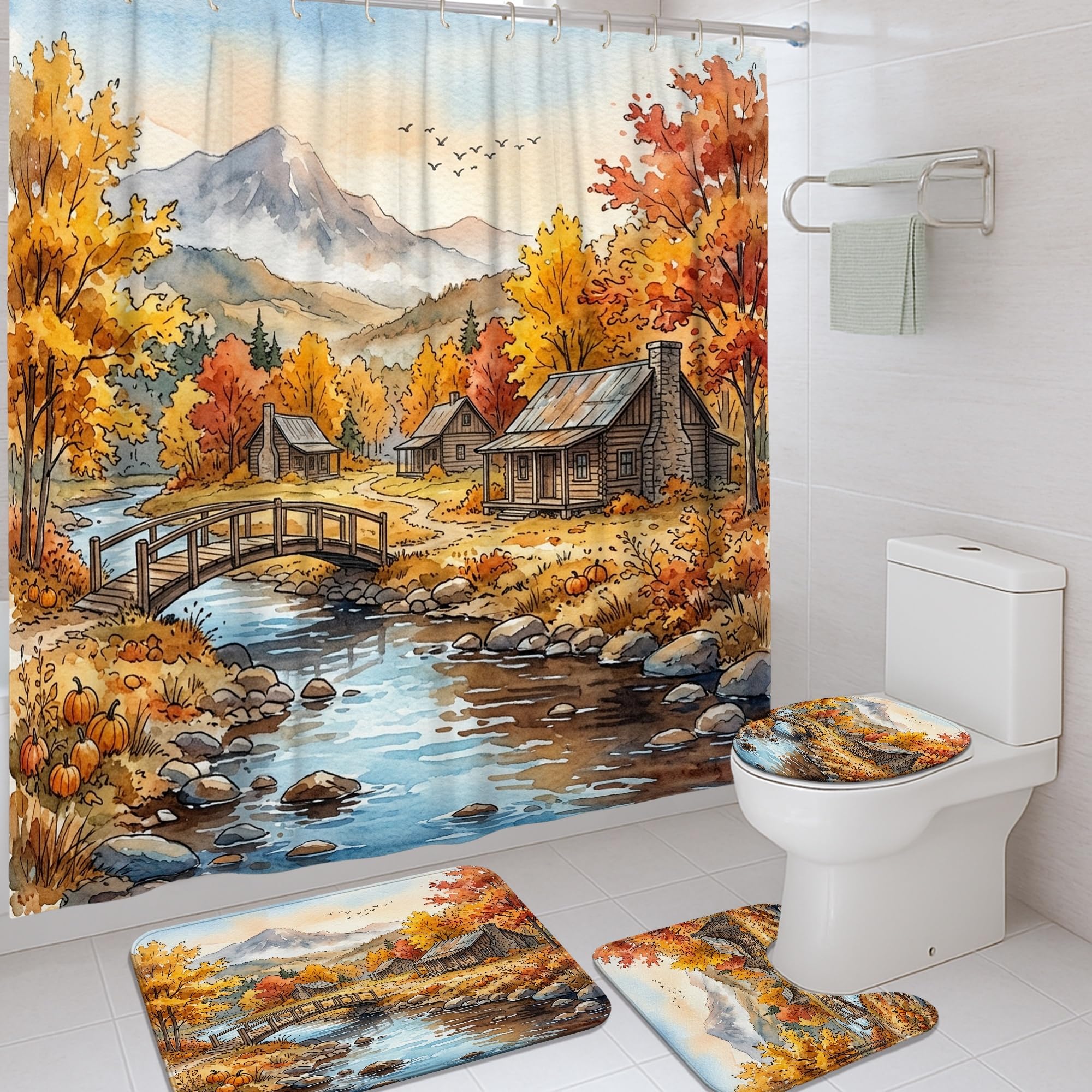 Rideau de douche rustique orange en toile avec crochets, grand format 183x183 pour salle de bain