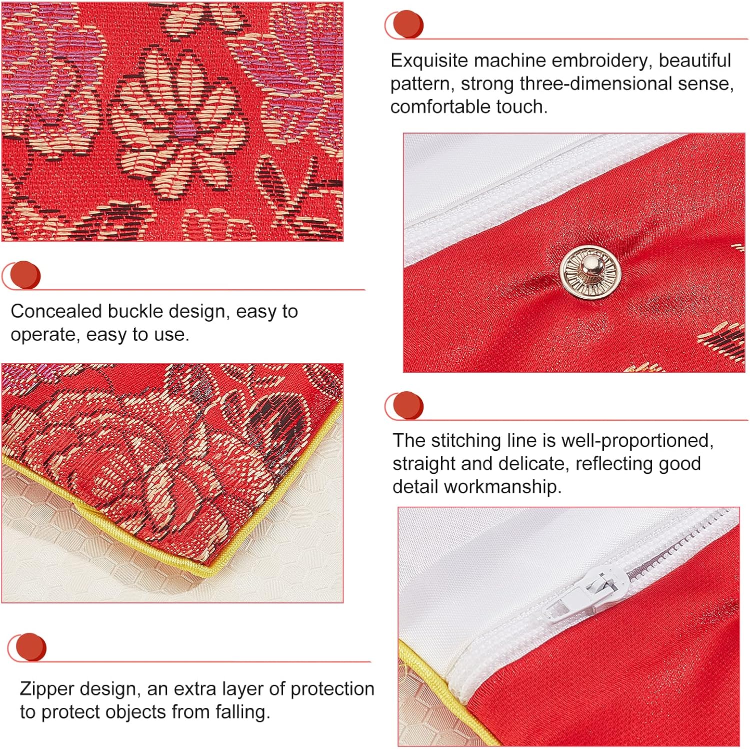 AHANDMAKER 4 Pcs Jewelry Silk Purse Pouchs, 4 Styles Vintage Flower Embroidery Damask Cloth Roll Chinese Style Brocade Organizer with Snap Button and Zipper Small Gift Bags for Travel Storage Jewelry