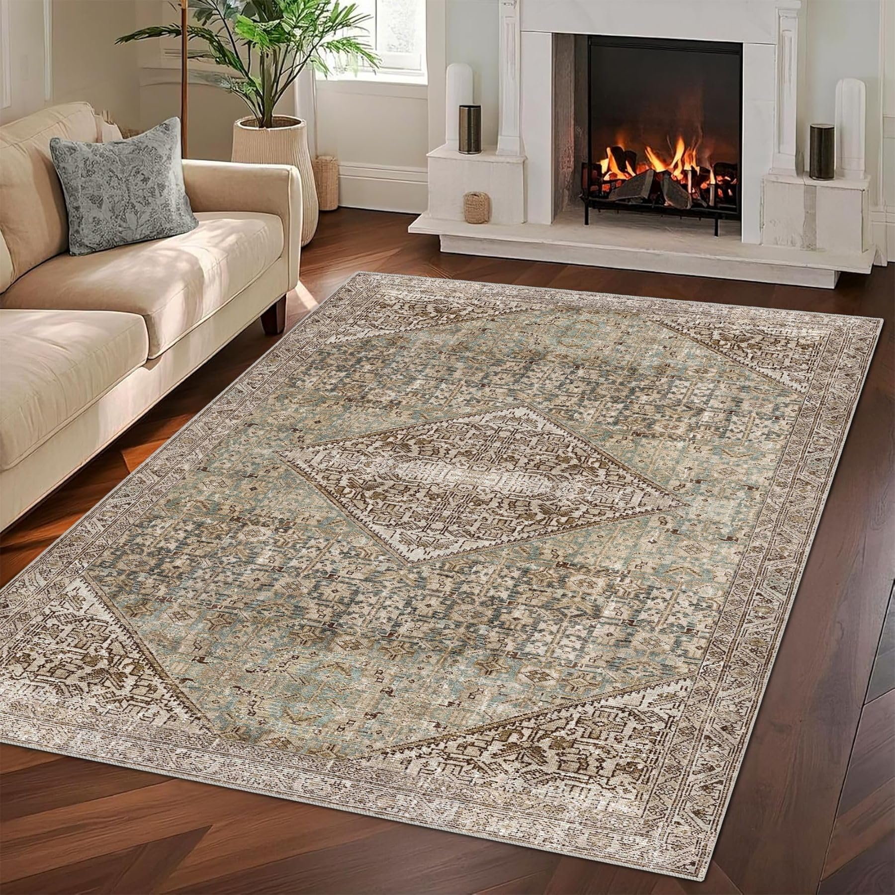 vivorug 5x7 Area Rugs - Ultra-Thin Washable Rug with Non-Slip Backing, Ideal for Living Room, Bedroom, Kitchen Floor Carpet - Vintage, Easy Clean, Durable, Turquoise/Antique โ image 1