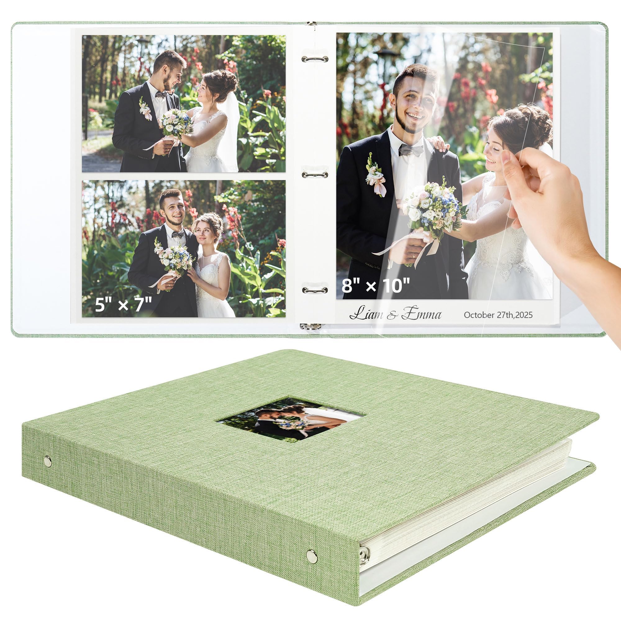 Vienrose Fotoalbum Selbstklebend, 3-Ring-Design, Leinendecke, 20 Blatt/40 Seiten, für Fotos 10x15, 13x18, 18x24 cm (Hellgrün)