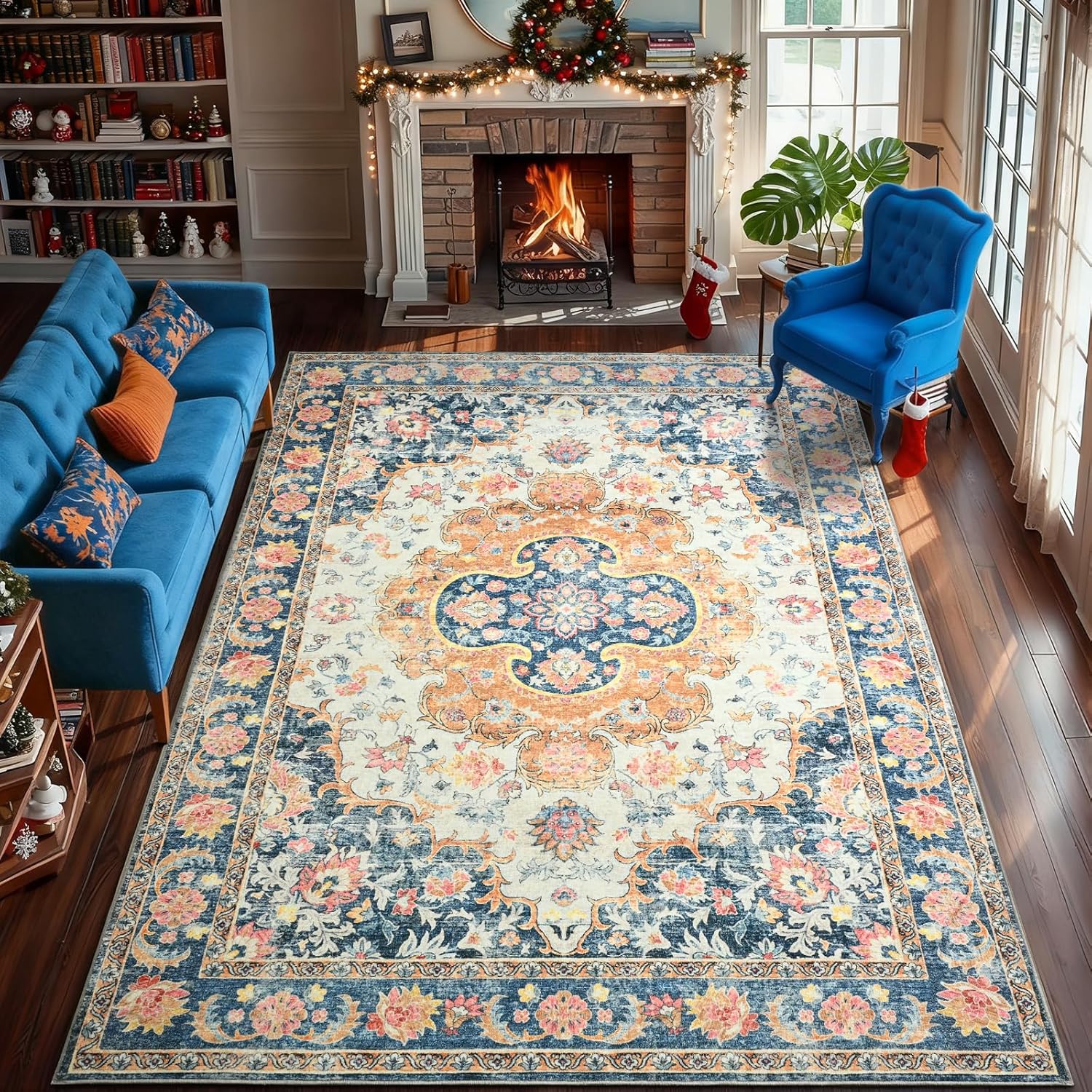 6x9 Area Rug for Living Room, Machine Washable Rugs with Non-Slip Backing for Bedroom, Vintage Throw Rugs Low Pile Carpet for Dining Room Kitchen Office Home Decor, Blue