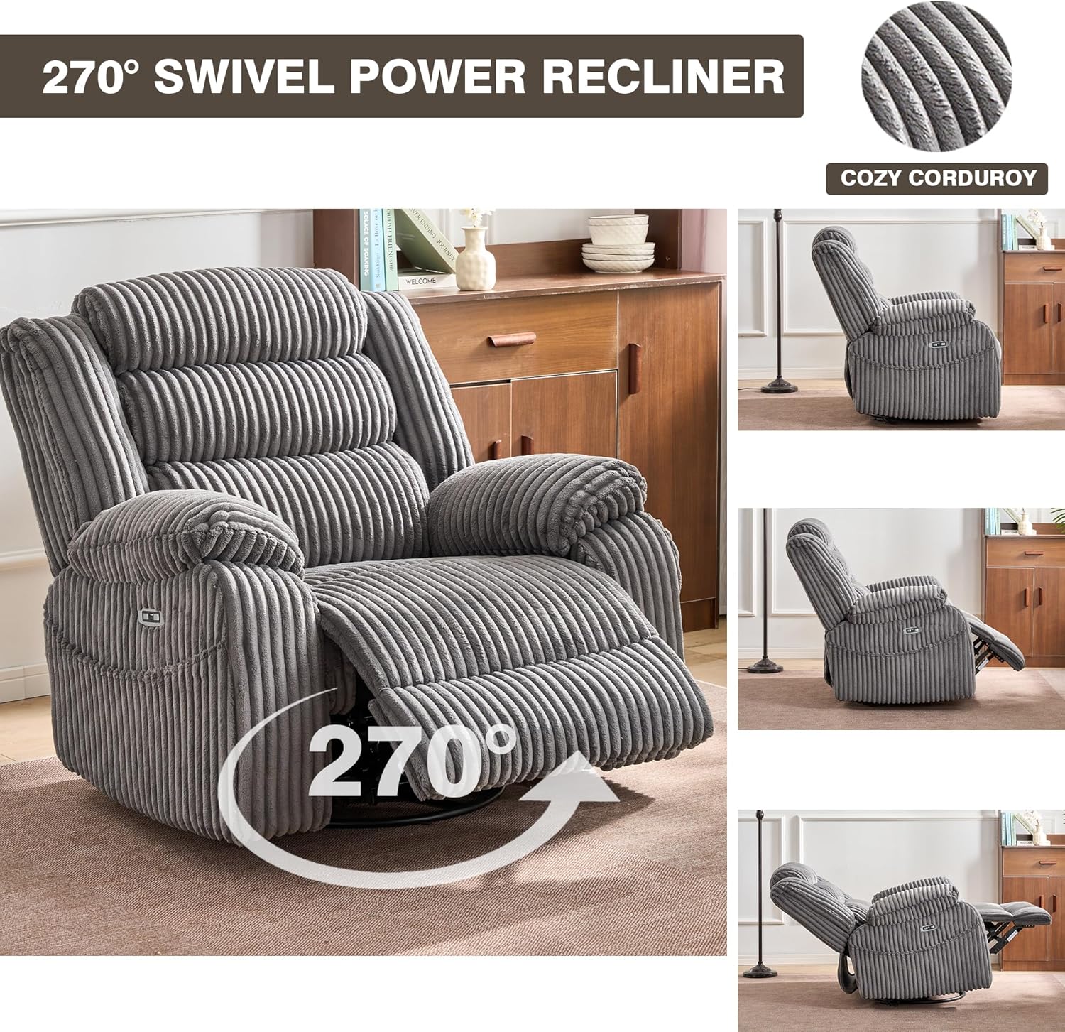 Power Swivel Rocker Recliner with Massage and Heat for Adults, Plush Corduroy 270° Swivel Glider Rocking Chair with USB and Type-C Ports for Nursery, Living Room, Bedroom, Apartment