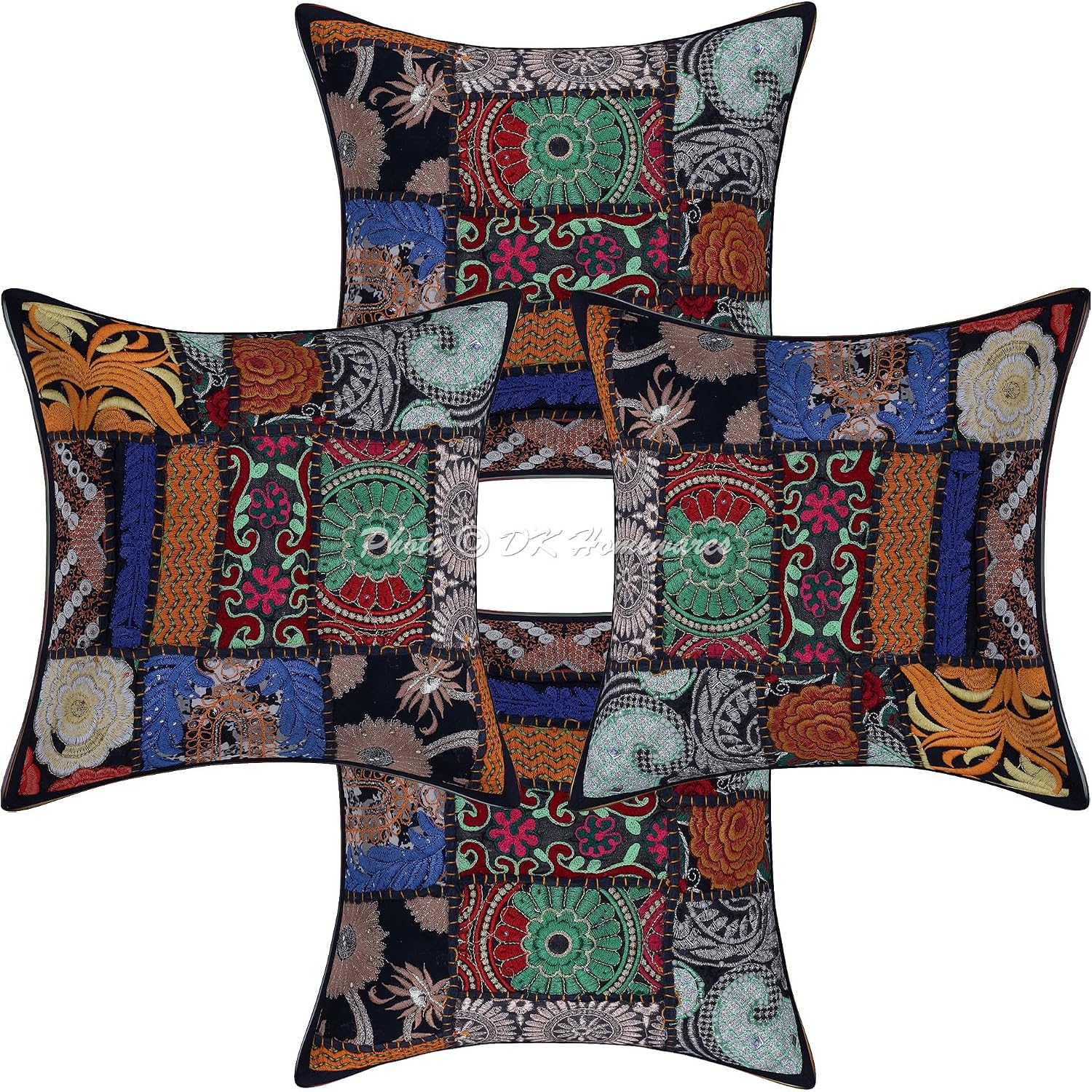 Indian Throw Cushion Covers 12x12 Inch Cotton Vintage Patchwork Ethnic Square Embroiderded Cushion Covers (Size - 30x30 cm ; Color: Black) - Set of 4 Pcs (Cover Only)