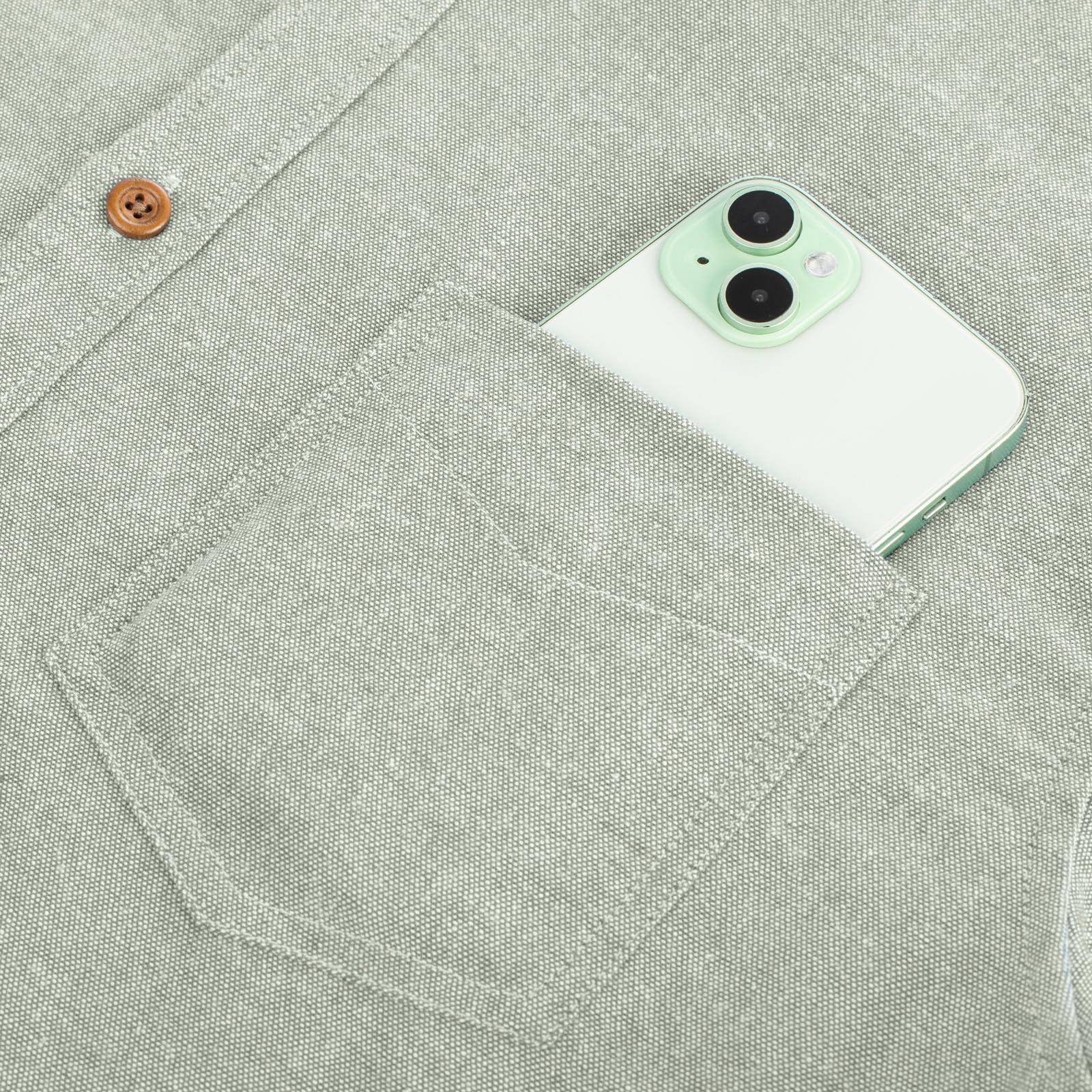 PJ PAUL JONES Camisa de manga larga para hombre, de algodón y lino, cuello abotonado, estilo casual, verde claro, L