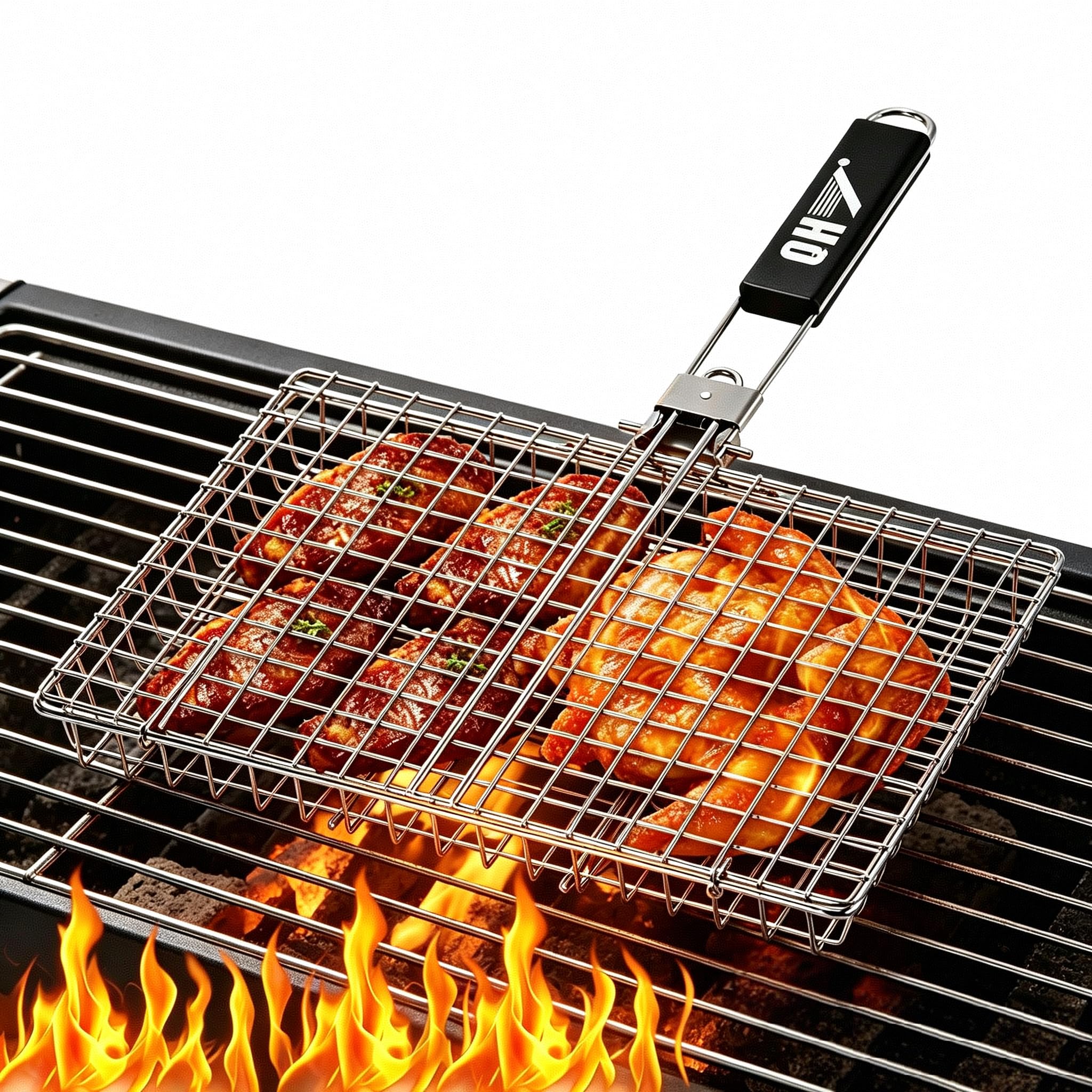 Cestino da cucina in acciaio inox per barbecue, pieghevole, portatile, con manico rimovibile, rete antiaderente per pesce, verdure, gamberetti