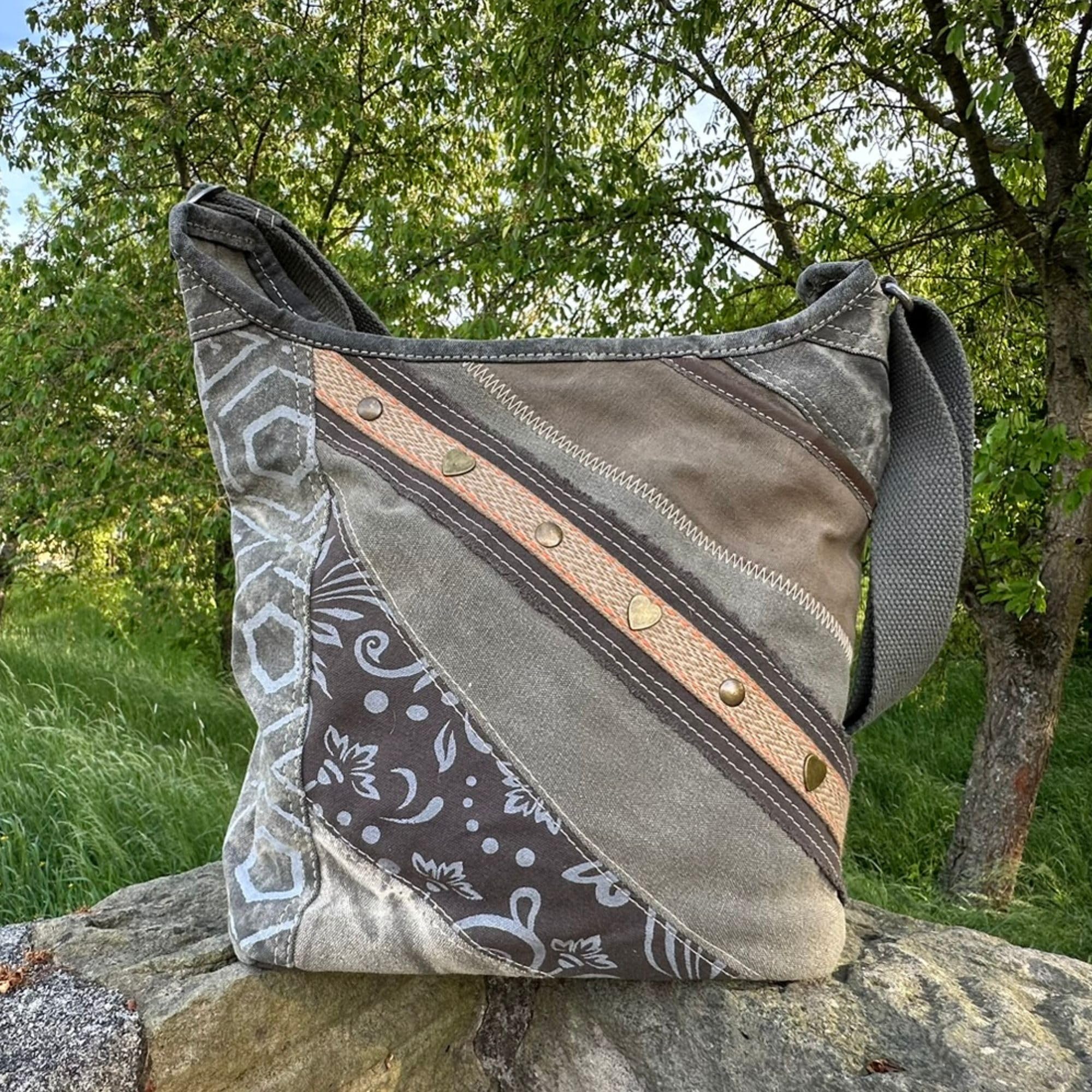 Sunsa Damen Hobo Tasche. Patchwork Umhängetasche aus Canvas & Leder Khaki