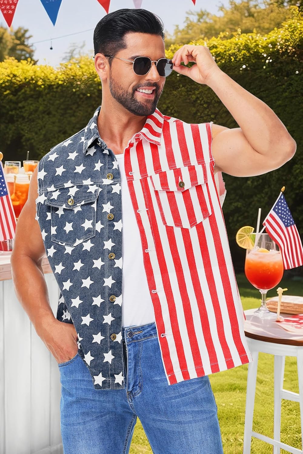 AOBUTE Mens 4th of July Denim Vest American Flag Print Sleeveless Jean Jacket