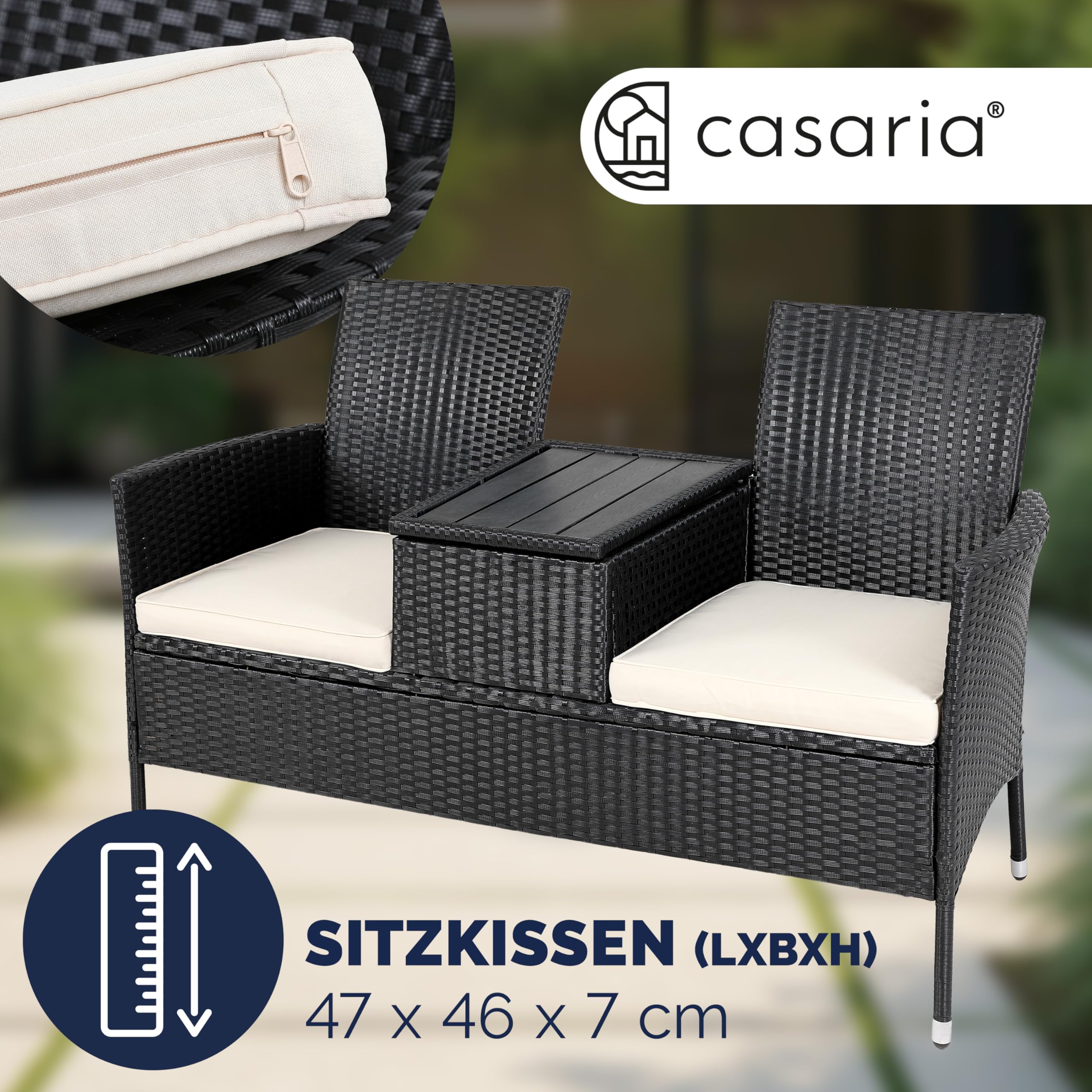 Casaria® Gartenbank Wetterfest UV-beständig Polyrattan Tisch Aufbewahrungsbox Auflagen 320kg Belastbarkeit Garten Balkon Möbel Bank 2-Sitzer Schwarz